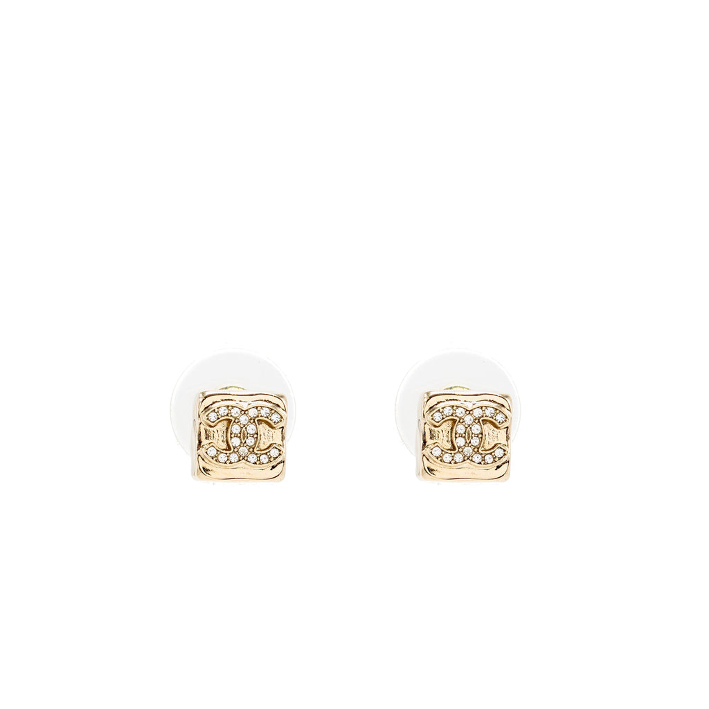 CHANEL MINI SQUARE CRYSTAL CC LOGO EARRINGS GOLD TONE