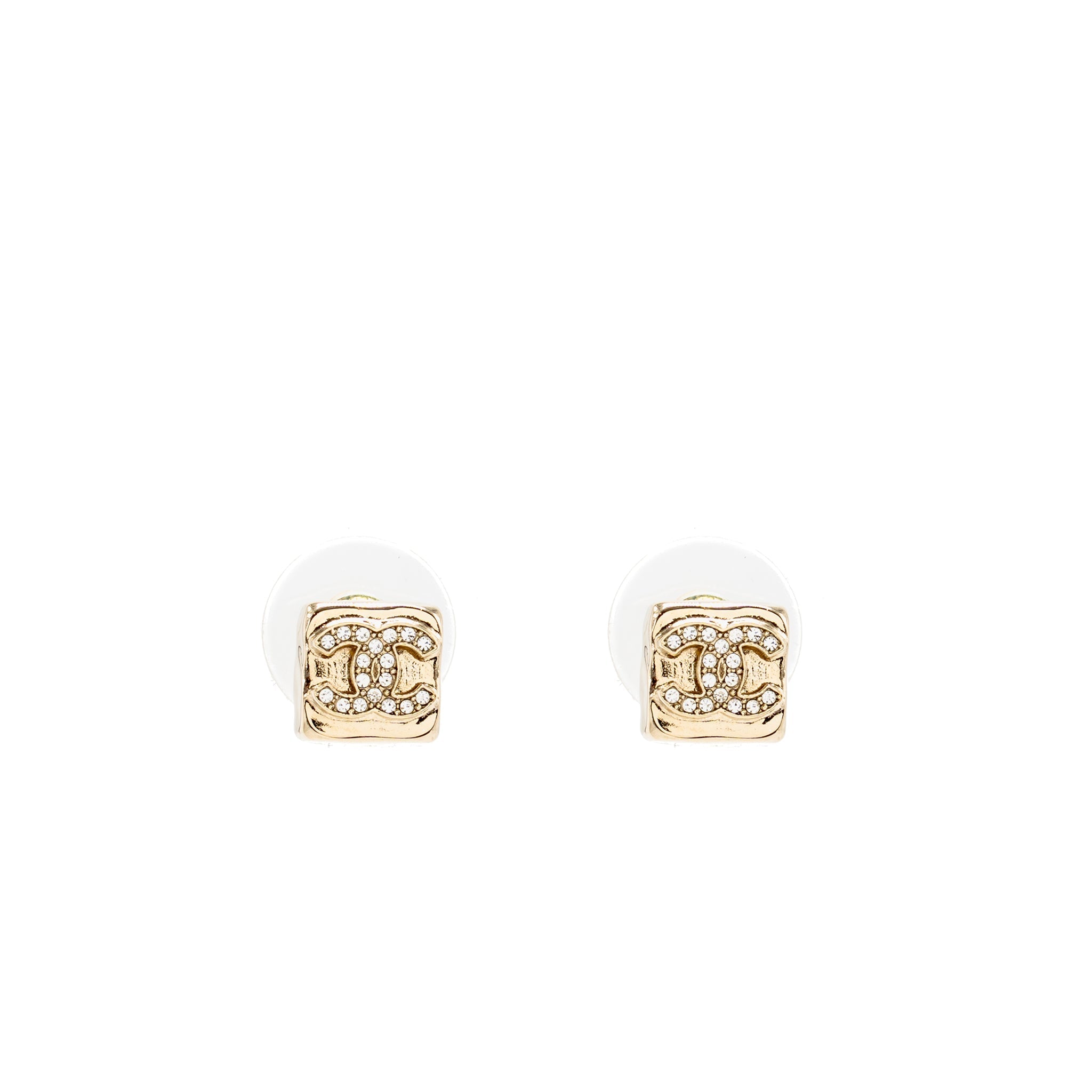 CHANEL MINI SQUARE CRYSTAL CC LOGO EARRINGS GOLD TONE
