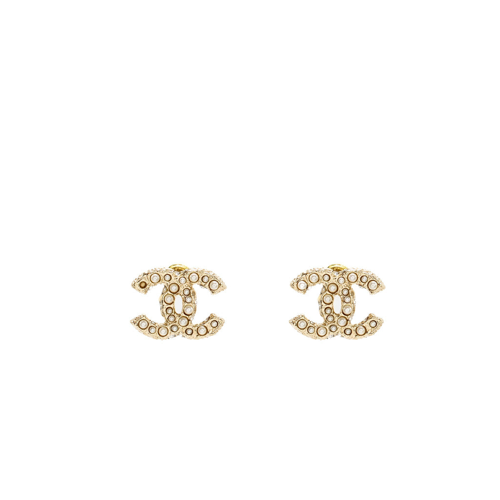 CHANEL PEARL CC LOGO EARRINGS GOLD TONE