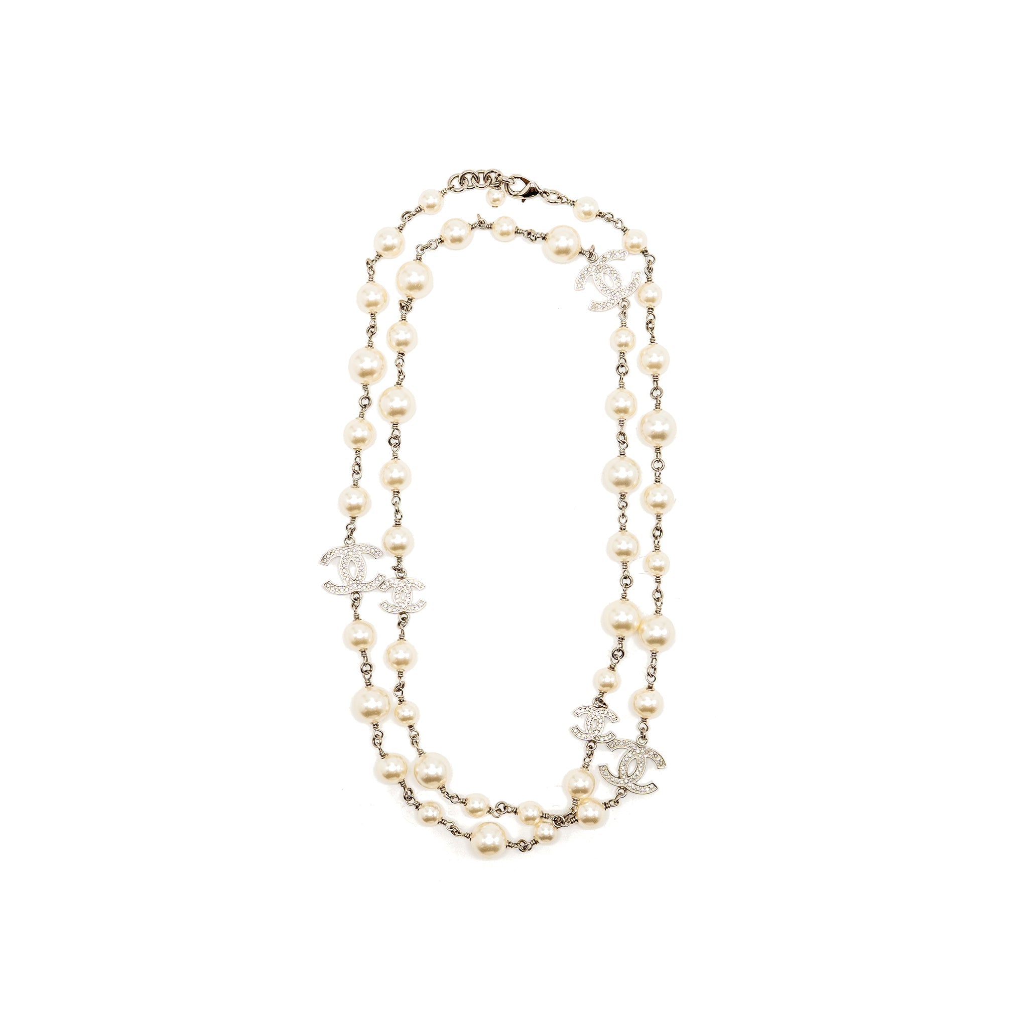 CHANEL PEARL AND CC LOGO WITH CRYSTAL LONG NECKLACE SILVER TONE