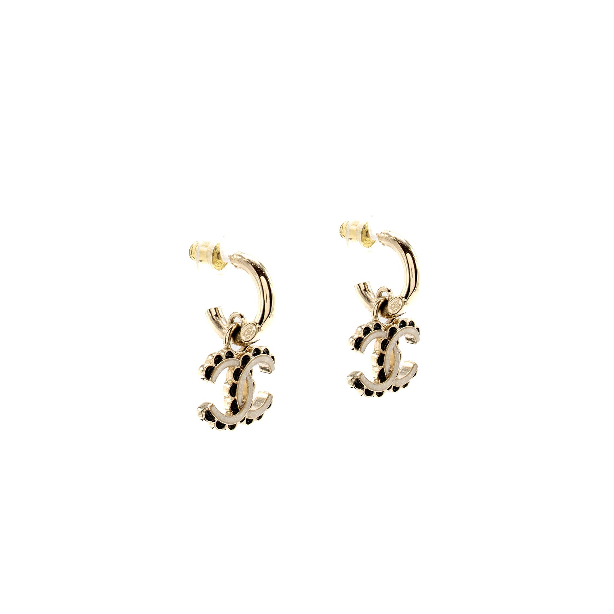 CHANEL CC DROP EARRINGS BLACK / WHITE/ LIGHT GOLD TONE