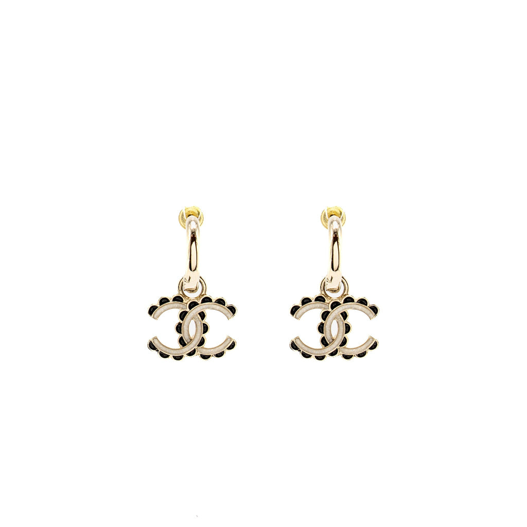 CHANEL CC DROP EARRINGS BLACK / WHITE/ LIGHT GOLD TONE