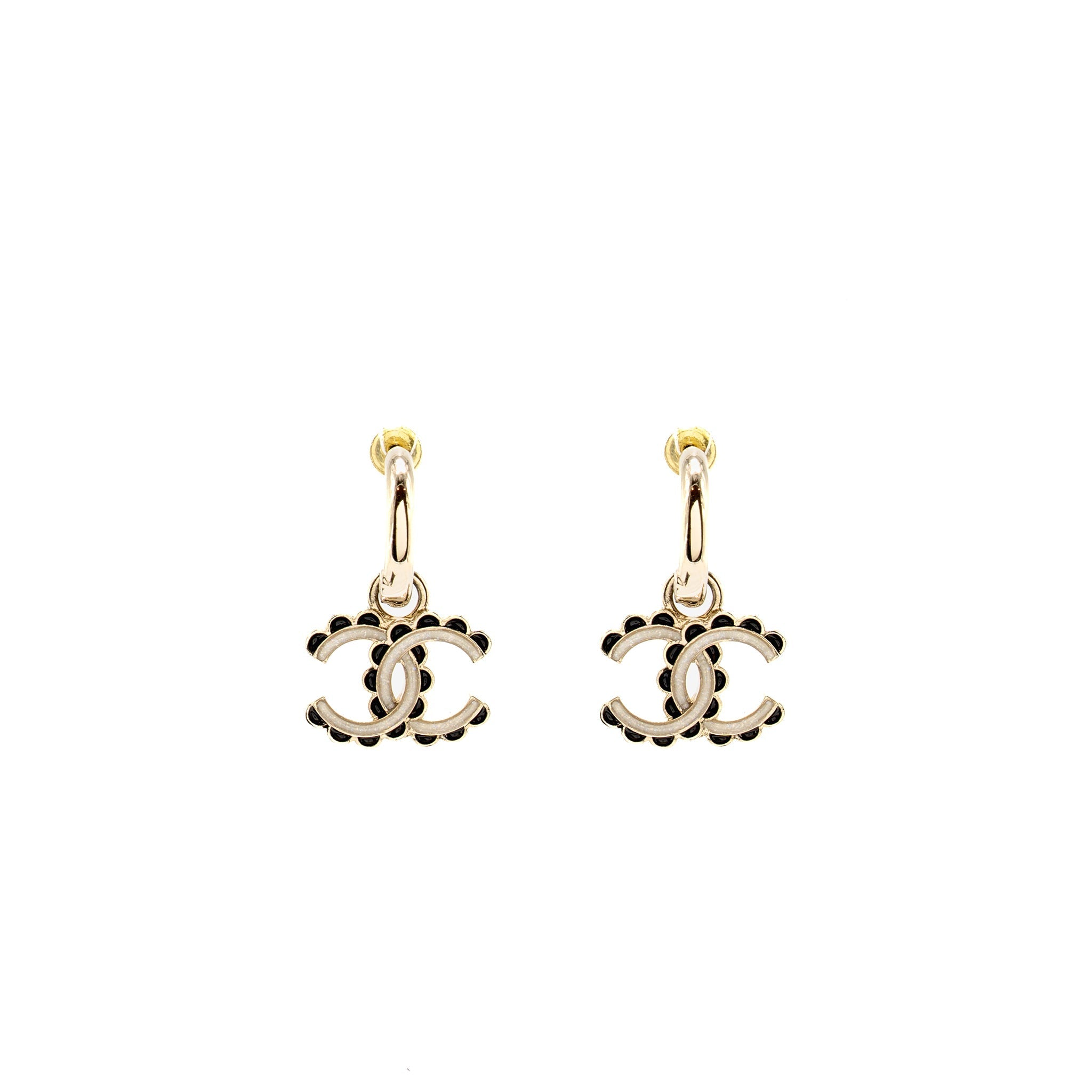 CHANEL CC DROP EARRINGS BLACK / WHITE/ LIGHT GOLD TONE