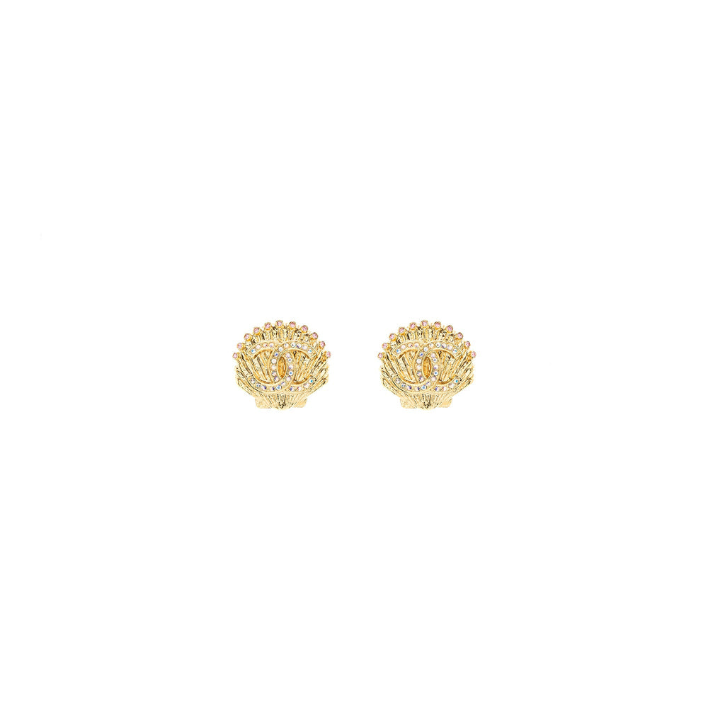 CHANEL CC LOGO/SHELL EARRING MULTICOLOUR CRYSTAL GOLD TONE