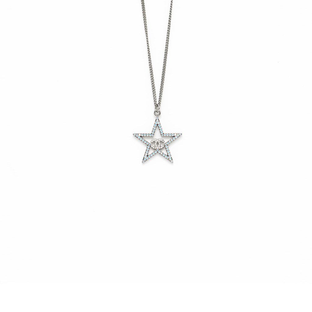 CHANEL STAR WITH CC LOGO IRIDESCENT NECKLACE CRYSTAL SILVER TONE