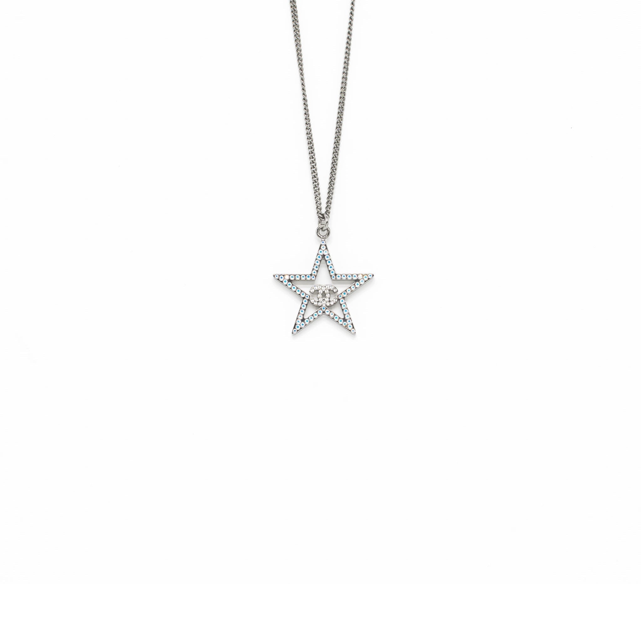 CHANEL STAR WITH CC LOGO IRIDESCENT NECKLACE CRYSTAL SILVER TONE