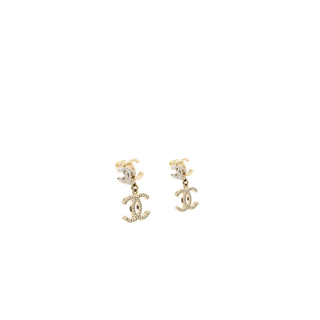 CHANEL TRIPLE CC LOGO DROP EARRINGS LIGHT GOLD TONE