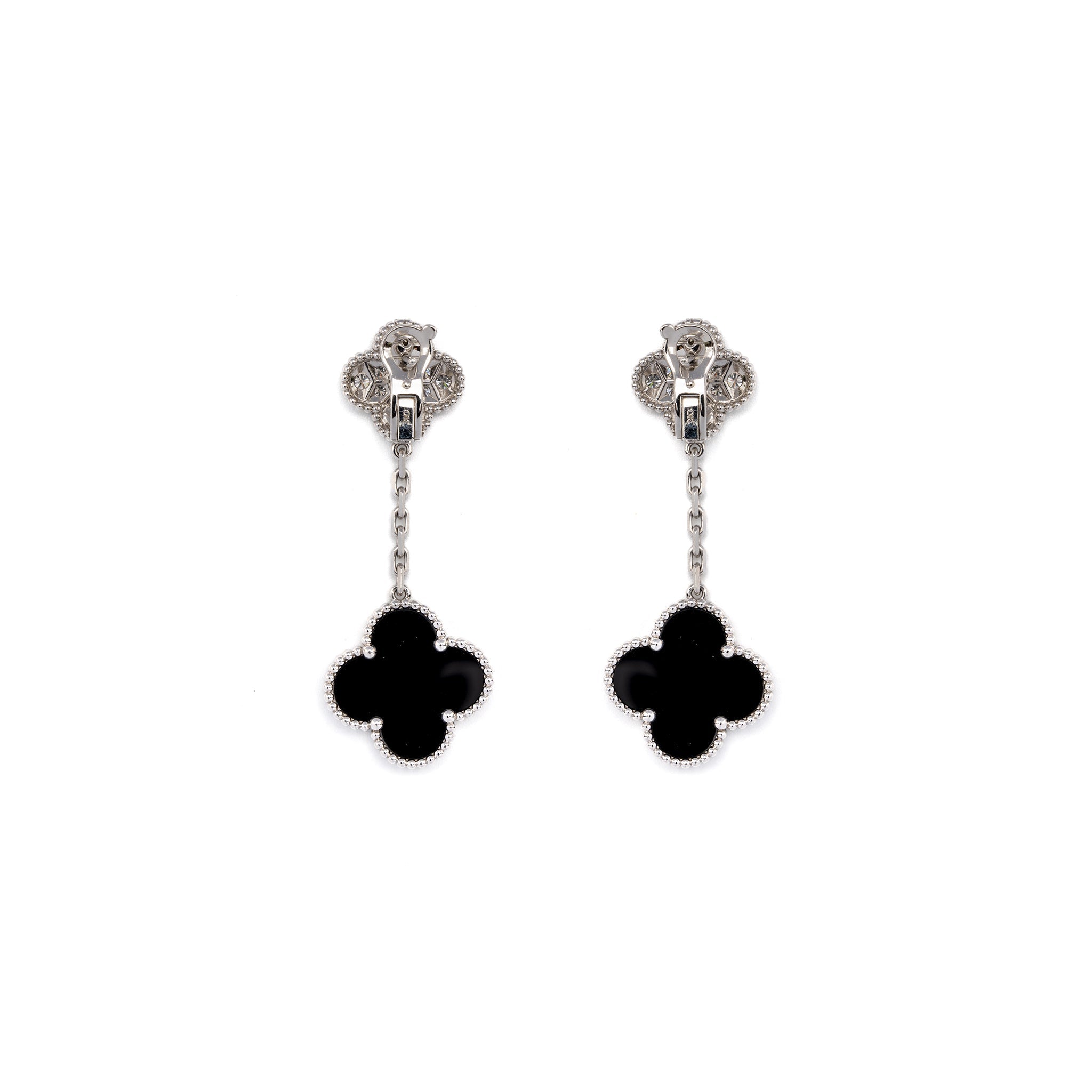 VAN CLEEF & ARPELS MAGIC ALHAMBRA 2-MOTIFS EARRINGS WHITE GOLD/ ONYX/ DIAMONDS