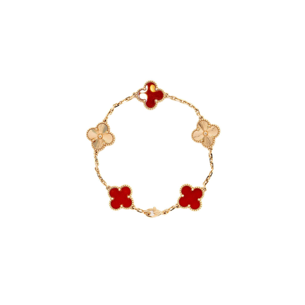 VAN CLEEF & ARPELS VINTAGE ALHAMBRA 5 MOTIFS BRACELET GUILLOCHE ROSE GOLD/CARNELIAN