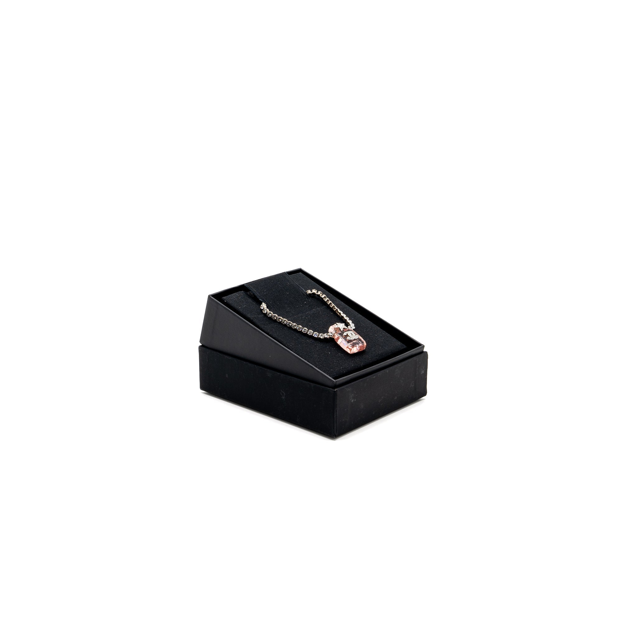 CHANEL PERFUME BOTTLE NECKLACE CRYSTAL SILVER TONE