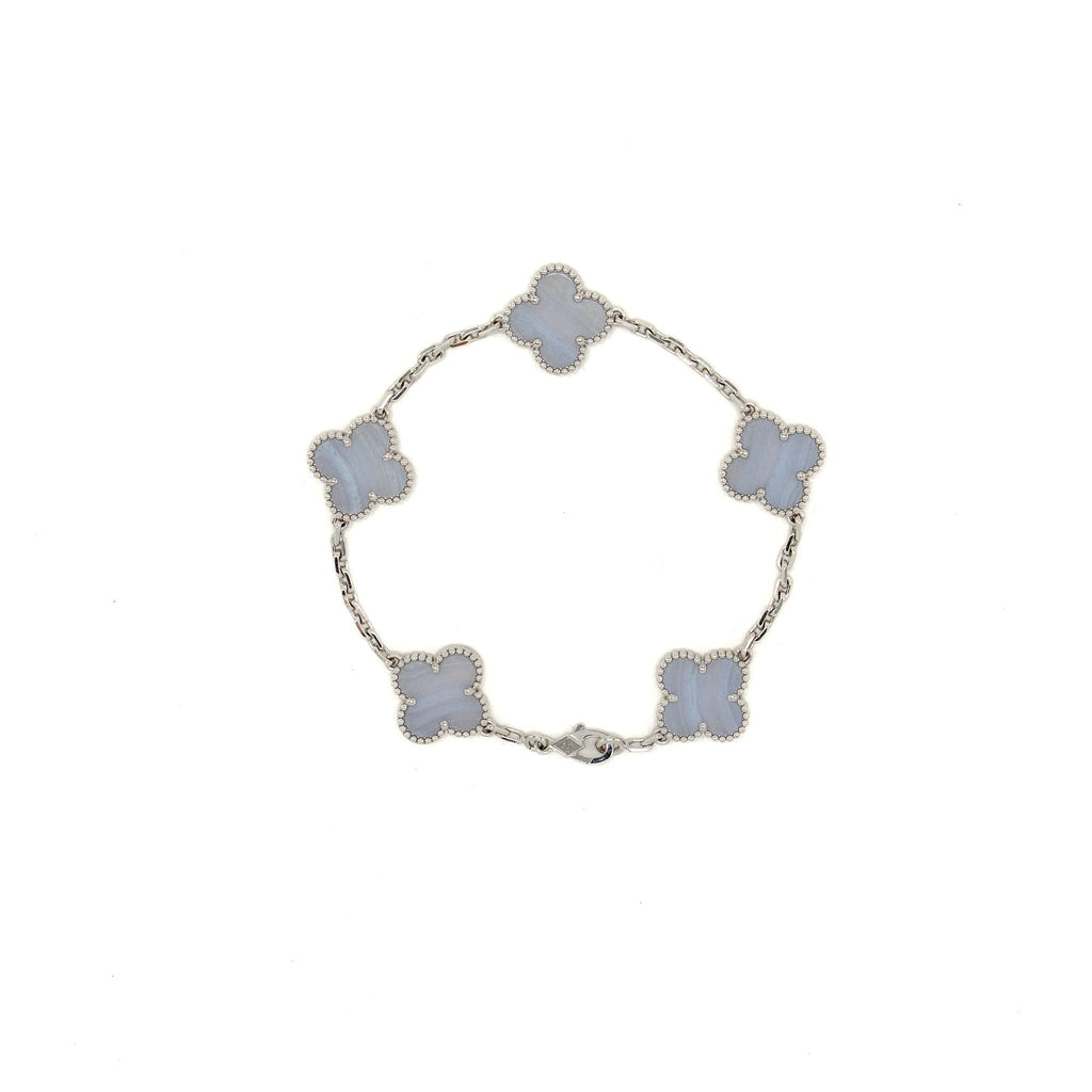 VAN CLEEF & ARPELS VINTAGE ALHAMBRA BRACELET 5 MOTIF WHITE GOLD, CHALCEDONY