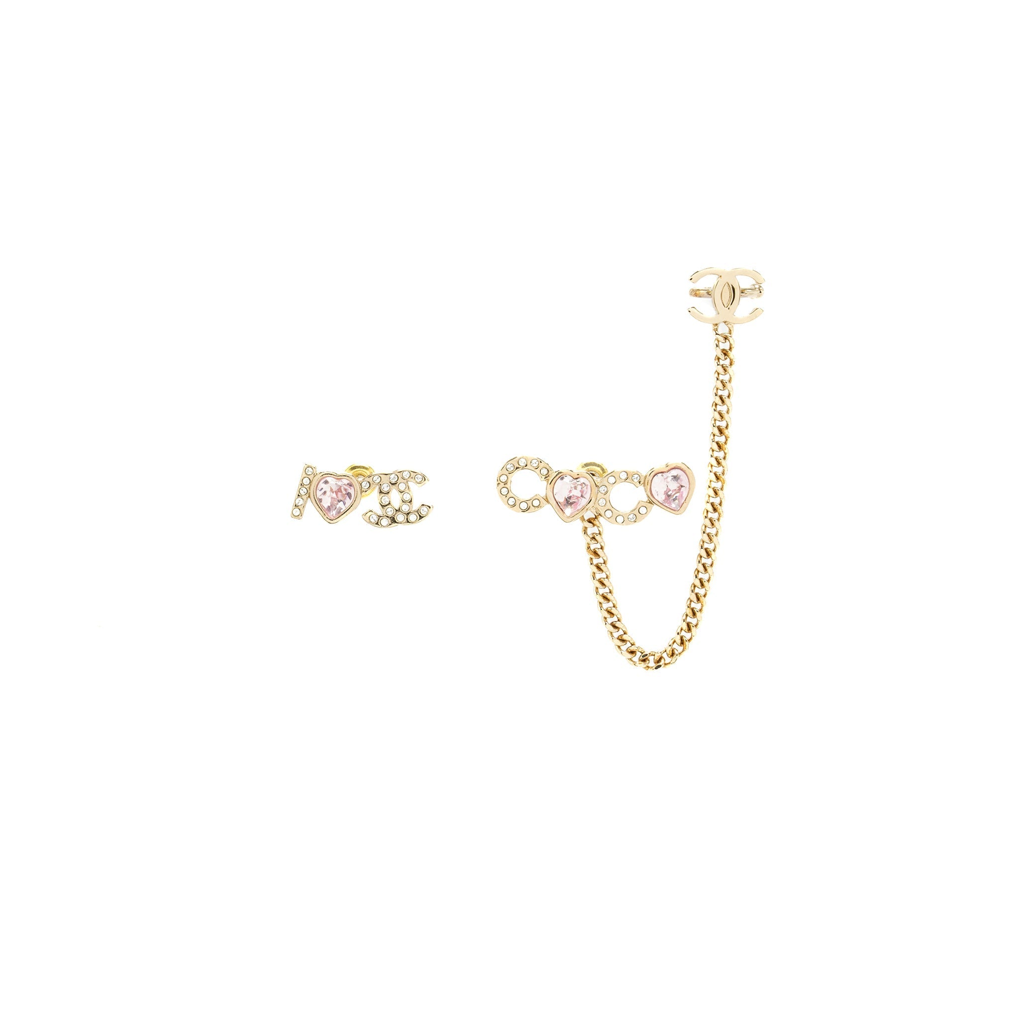 CHANEL I LOVE COCO HEART CHAIN CLIMBER EARRINGS CRYSTAL/LIGHT GOLD TONE