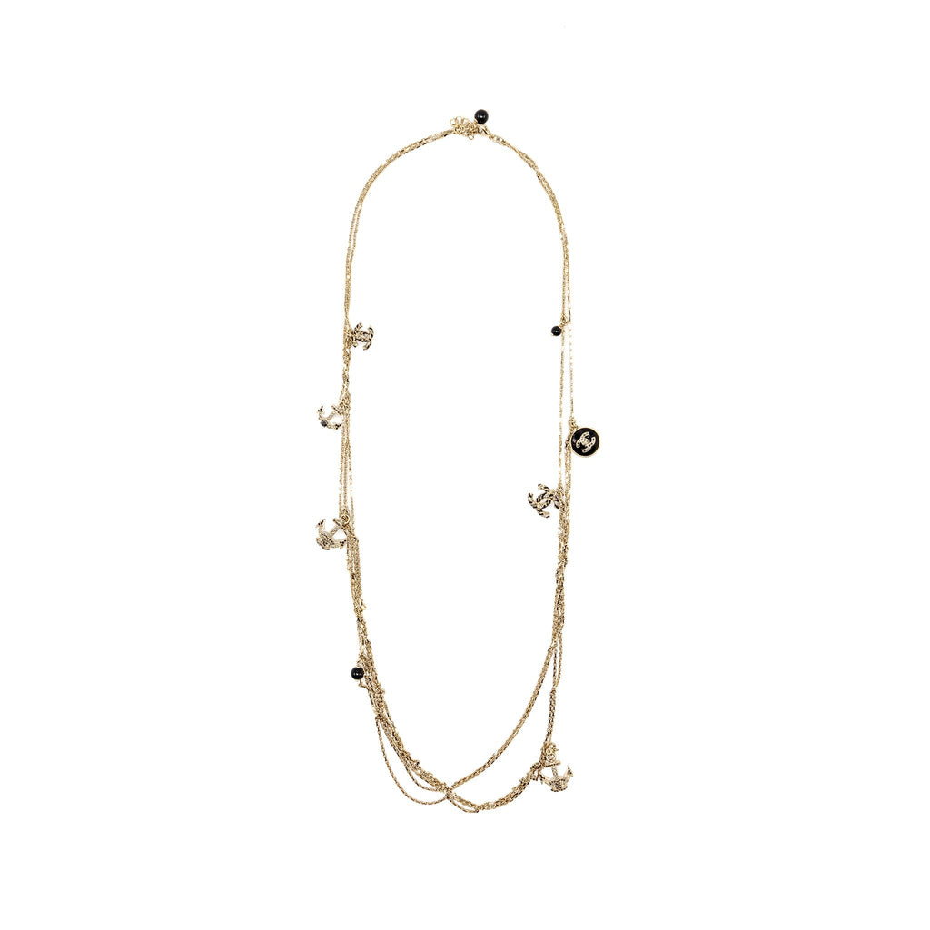 CHANEL LONG NECKLACE WITH MULTI CHARMS LIGHT GOLD TONE