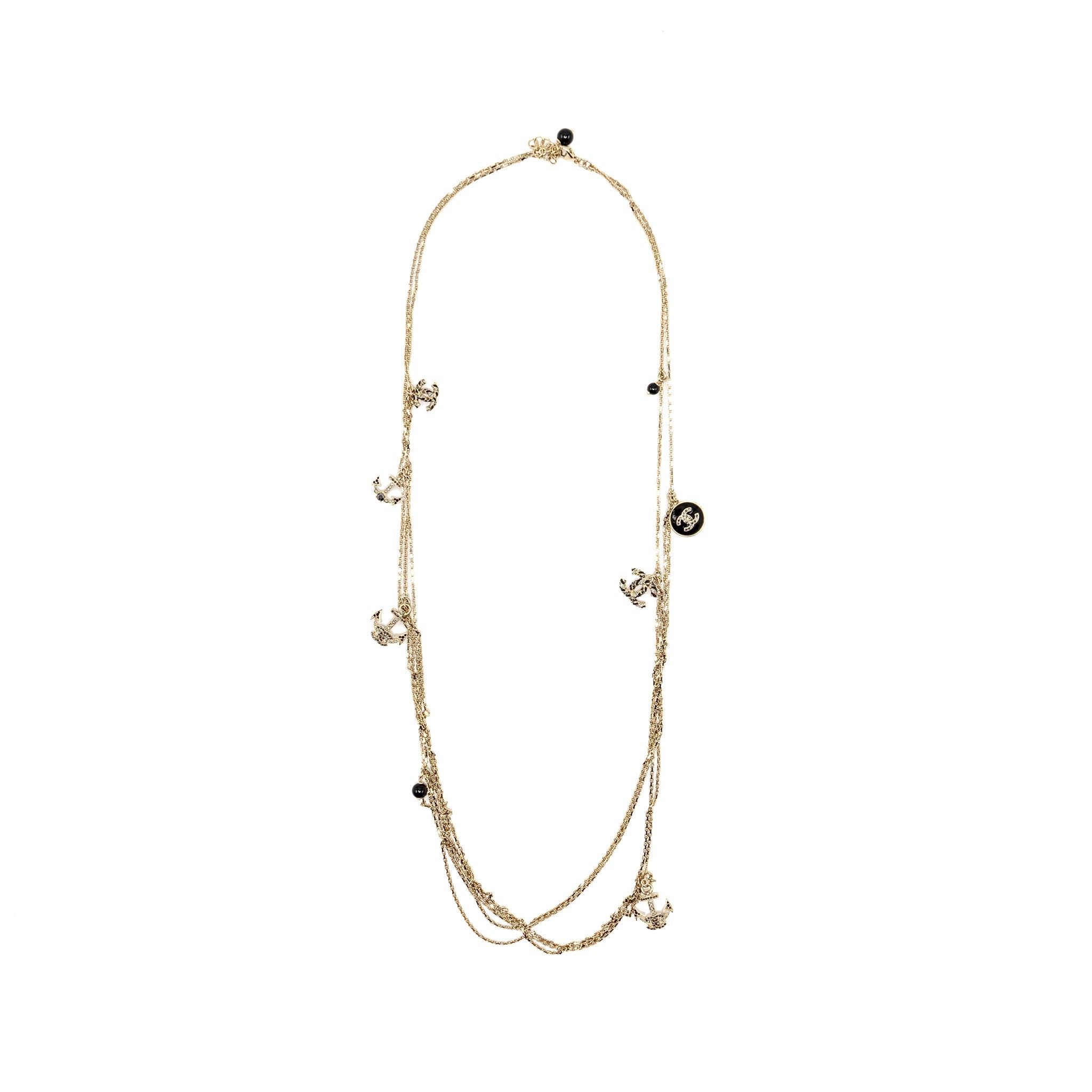 CHANEL LONG NECKLACE WITH MULTI CHARMS LIGHT GOLD TONE