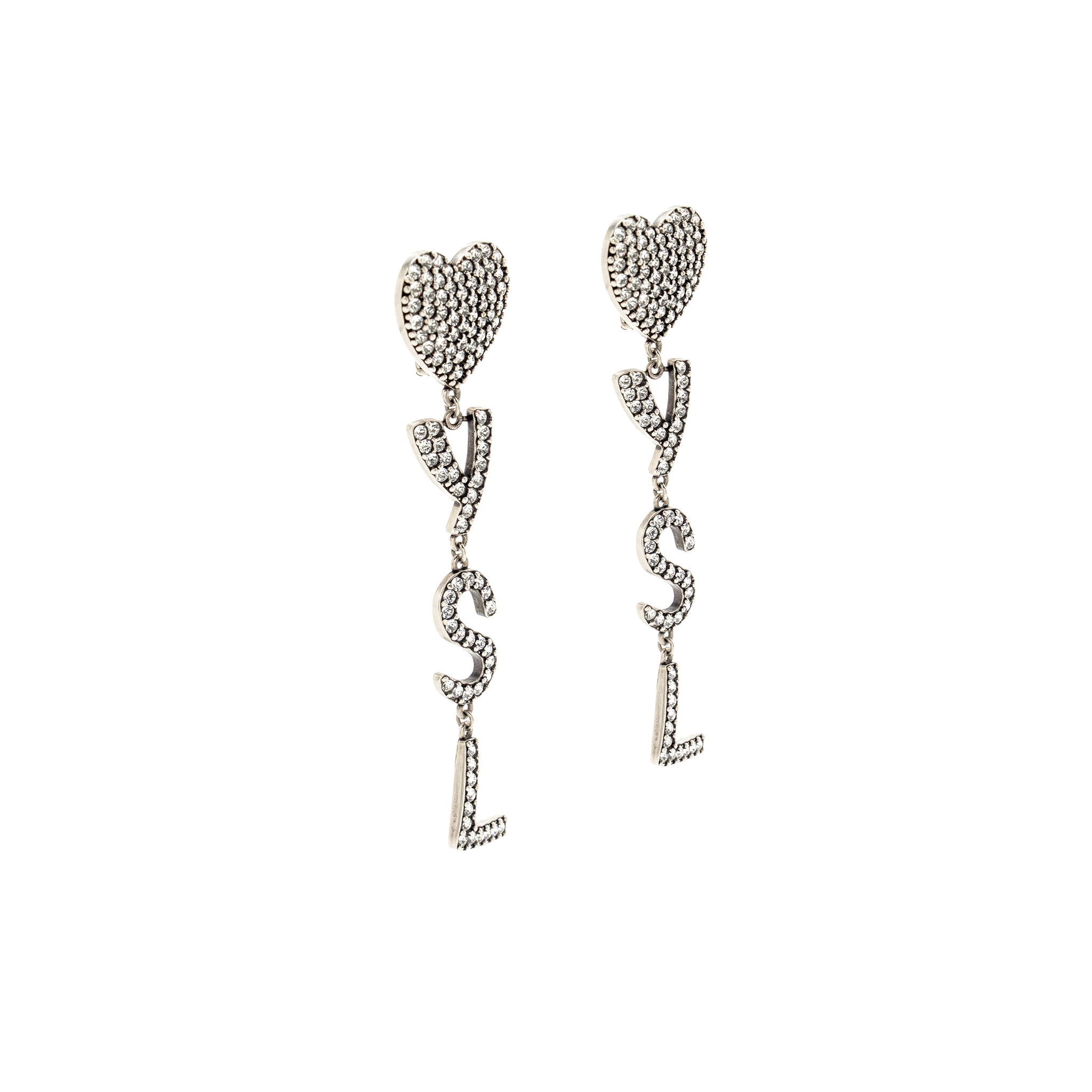 SAINT LAURENT HEART AND LETTER EAR CLIPS SILVER TONE