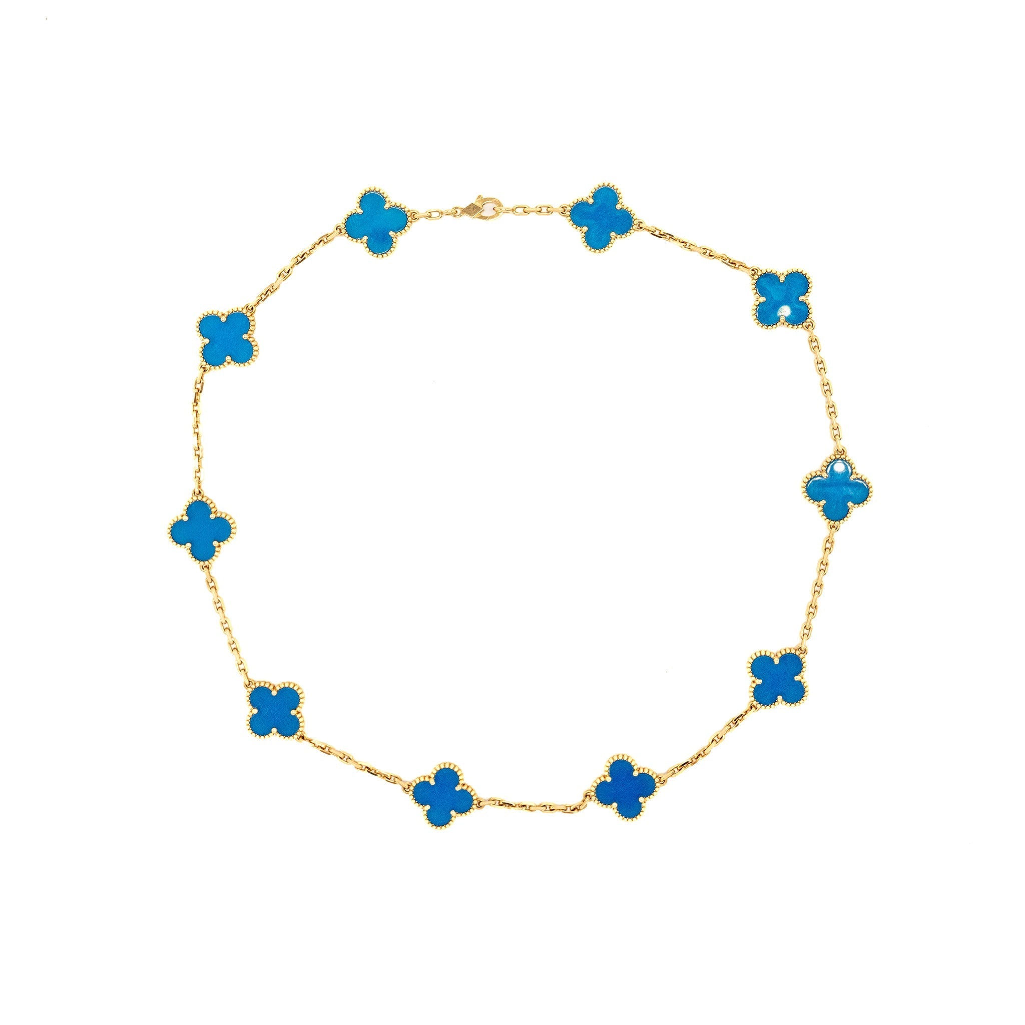 VAN CLEEF & ARPELS VINTAGE ALHAMBRA NECKLACE, 10 MOTIFS YELLOW GOLD/BLUE AGATE
