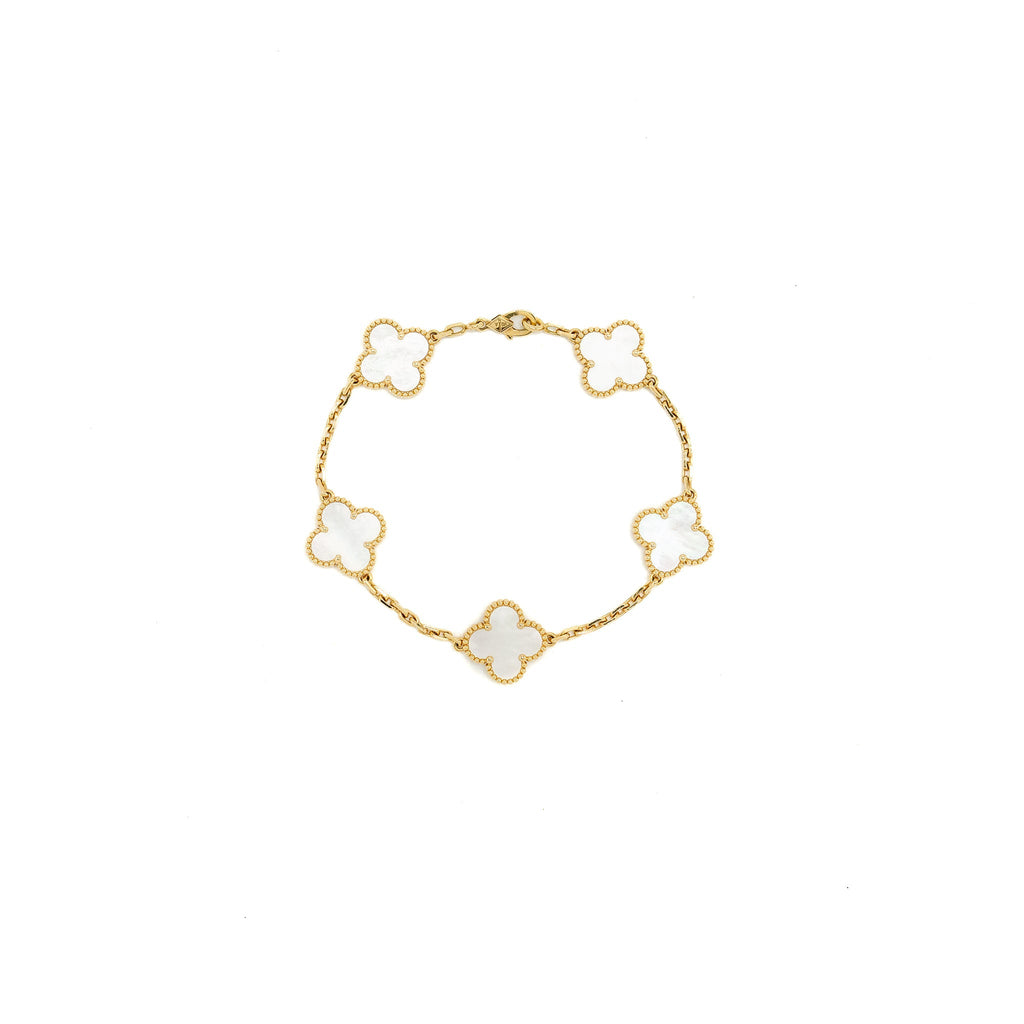 VAN CLEEF AND ARPELS VINTAGE ALHAMBRA BRACELET 5 MOTIF MOTHER OF PEARL / YELLOW GOLD