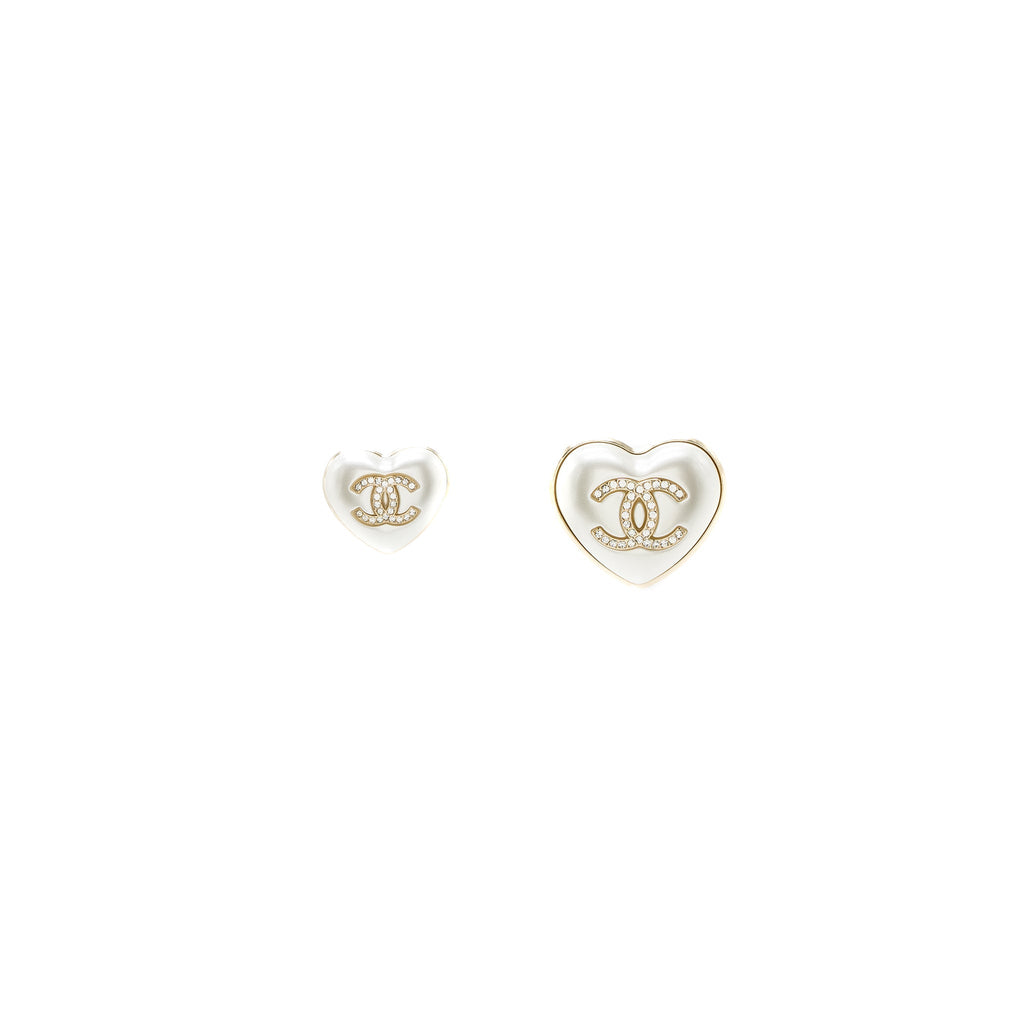 CHANEL 21K 2 PINS IVORY HEART BROOCH PEARL/CRYSTAL LGHW