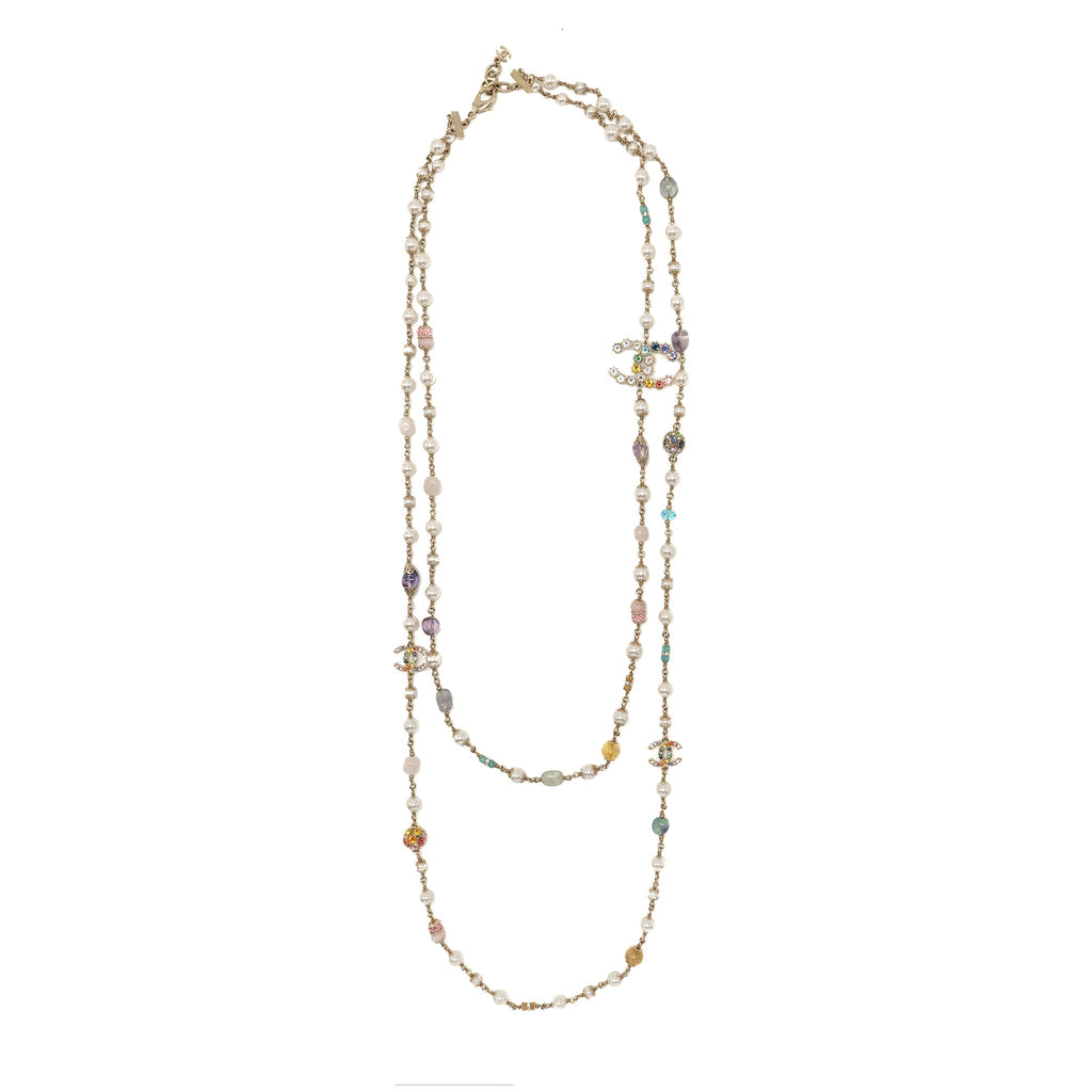 CHANEL CC LOGO DOUBLE CHAIN LONG NECKLACE PEARL/CRYSTAL MULTICOLOUR