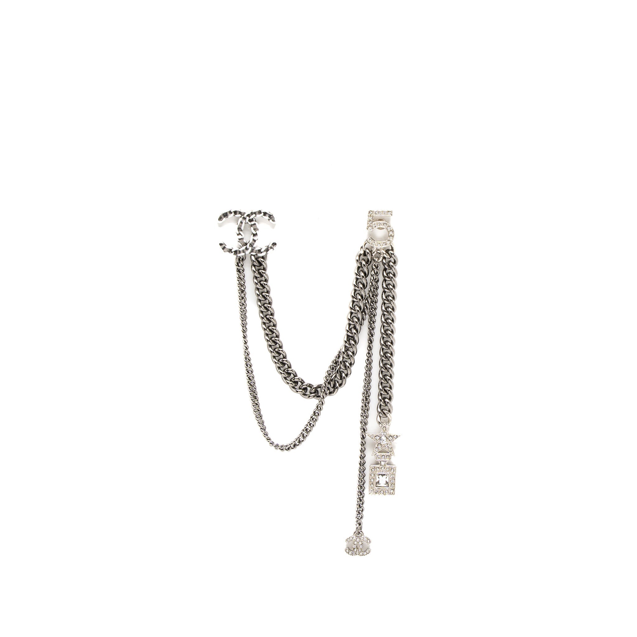 CHANEL DROP CHAIN BROOCH CC LOGO/NO. 5/PERFUME BOTTLE RUTHENIUM SILVER TONE