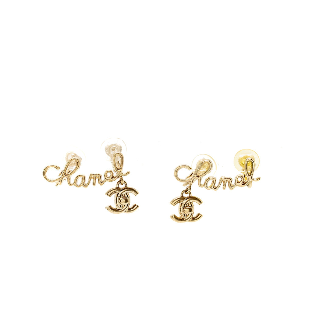 CHANEL LETTER AND CC DROP EAR CLIP LIGHT GOLD TONE