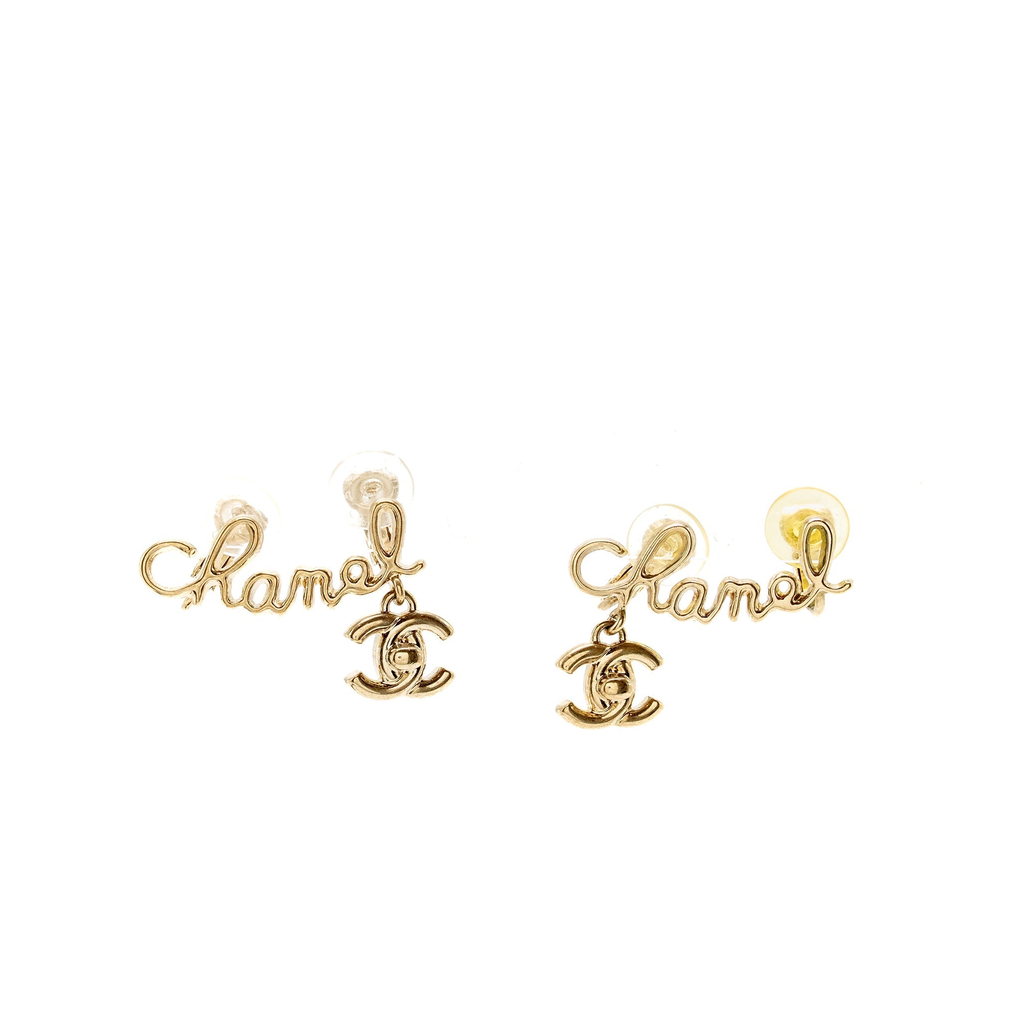 CHANEL LETTER AND CC DROP EAR CLIP LIGHT GOLD TONE