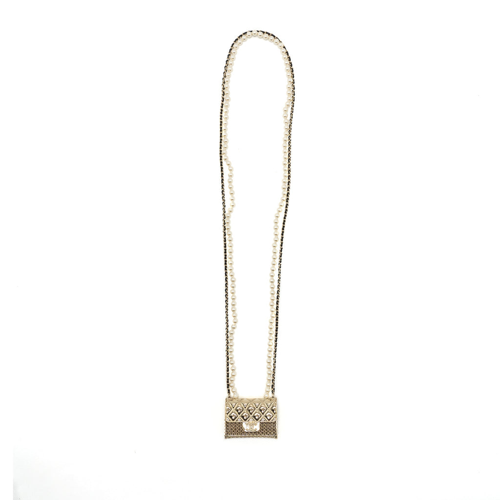 CHANEL MICRO BAG NECKLACE PEARL/ LEATHER CHAIN LGHW