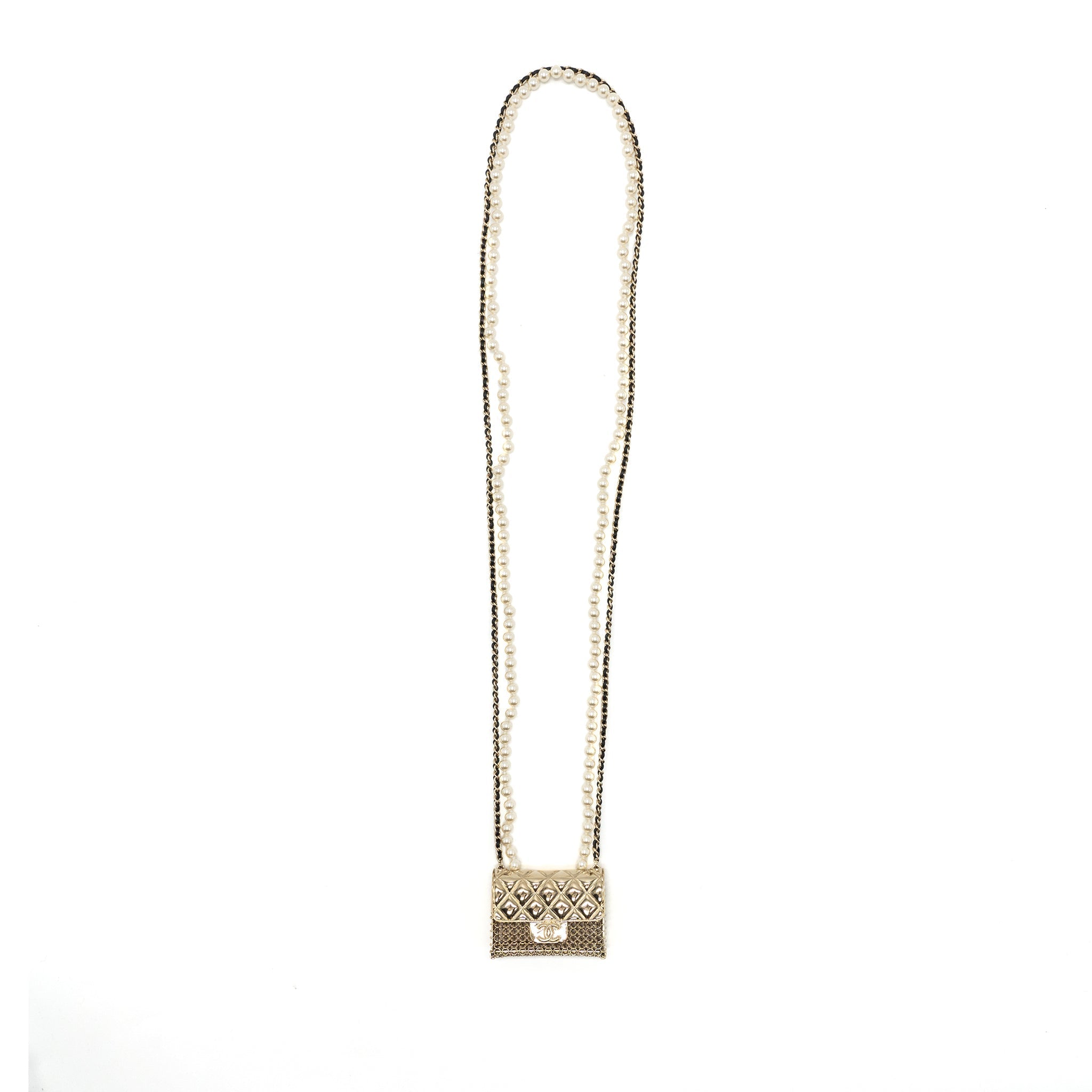 CHANEL MICRO BAG NECKLACE PEARL/ LEATHER CHAIN LGHW
