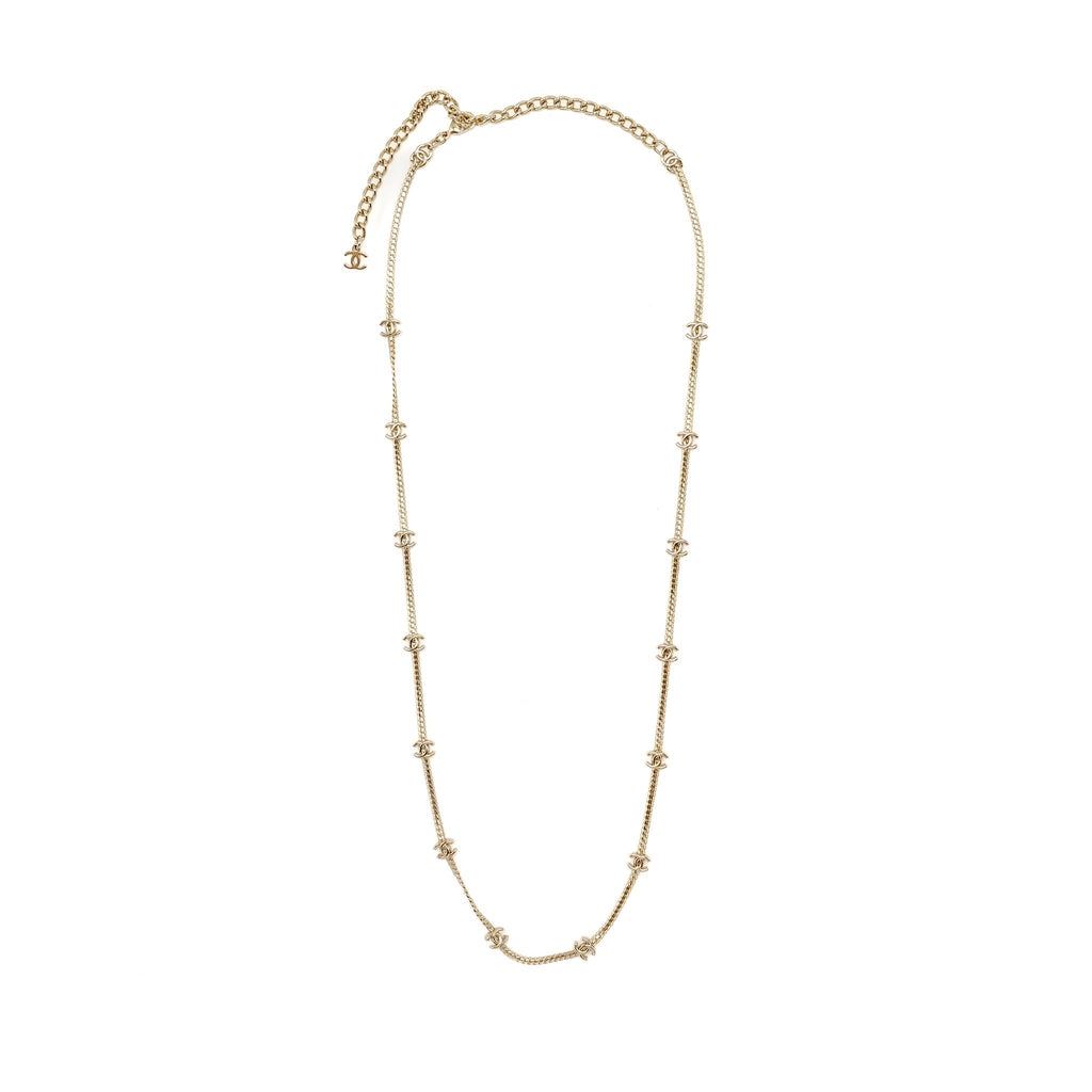 CHANEL CC LOGO LONG NECKLACE LIGHT GOLD TONE