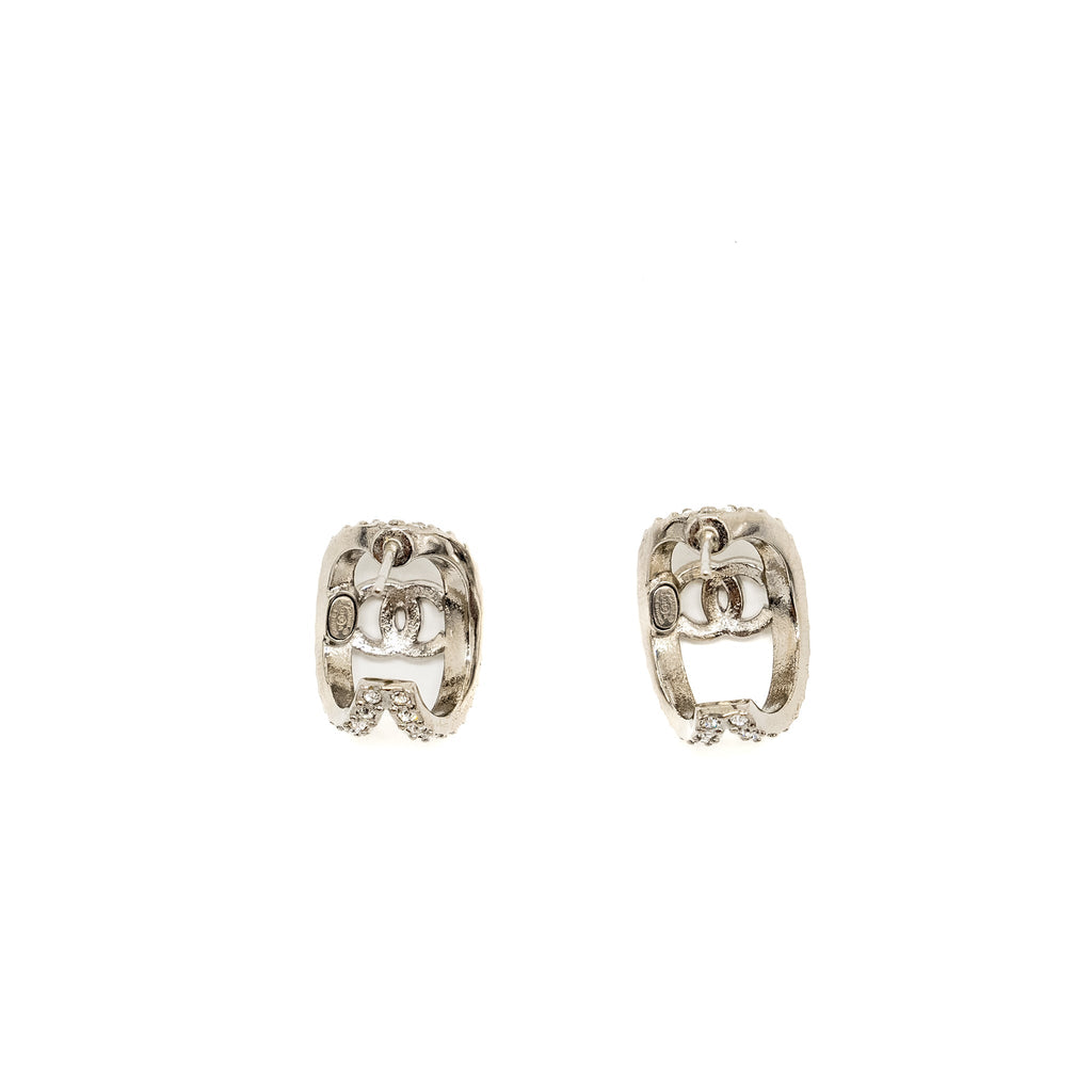 CHANEL MINI HOOP EARRINGS WITH CRYSTAL SILVER TONE
