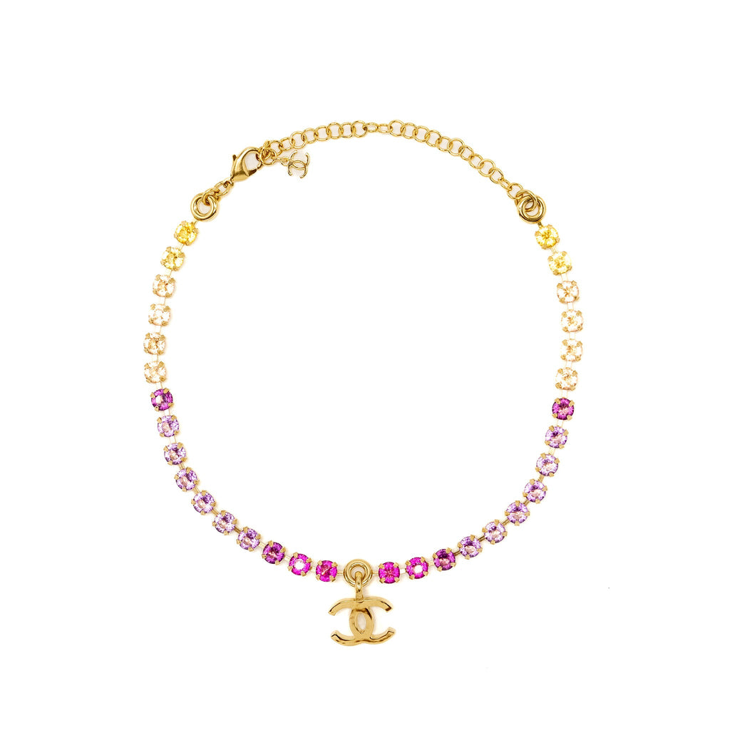 CHANEL CC LOGO DROPPED NECKLACE/CHOCKER MULTICOLOUR CRYSTAL GOLD TONE