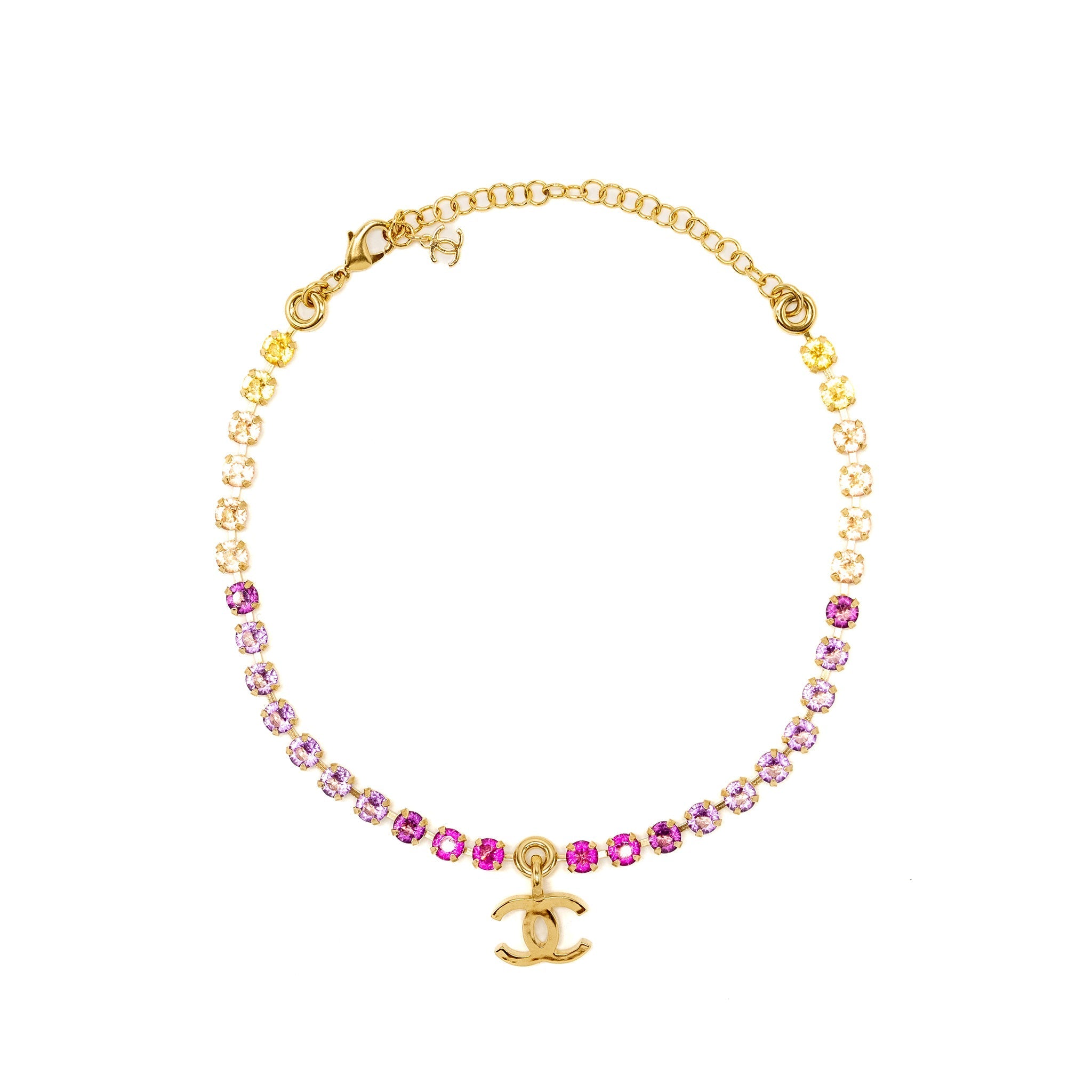 CHANEL CC LOGO DROPPED NECKLACE/CHOCKER MULTICOLOUR CRYSTAL GOLD TONE