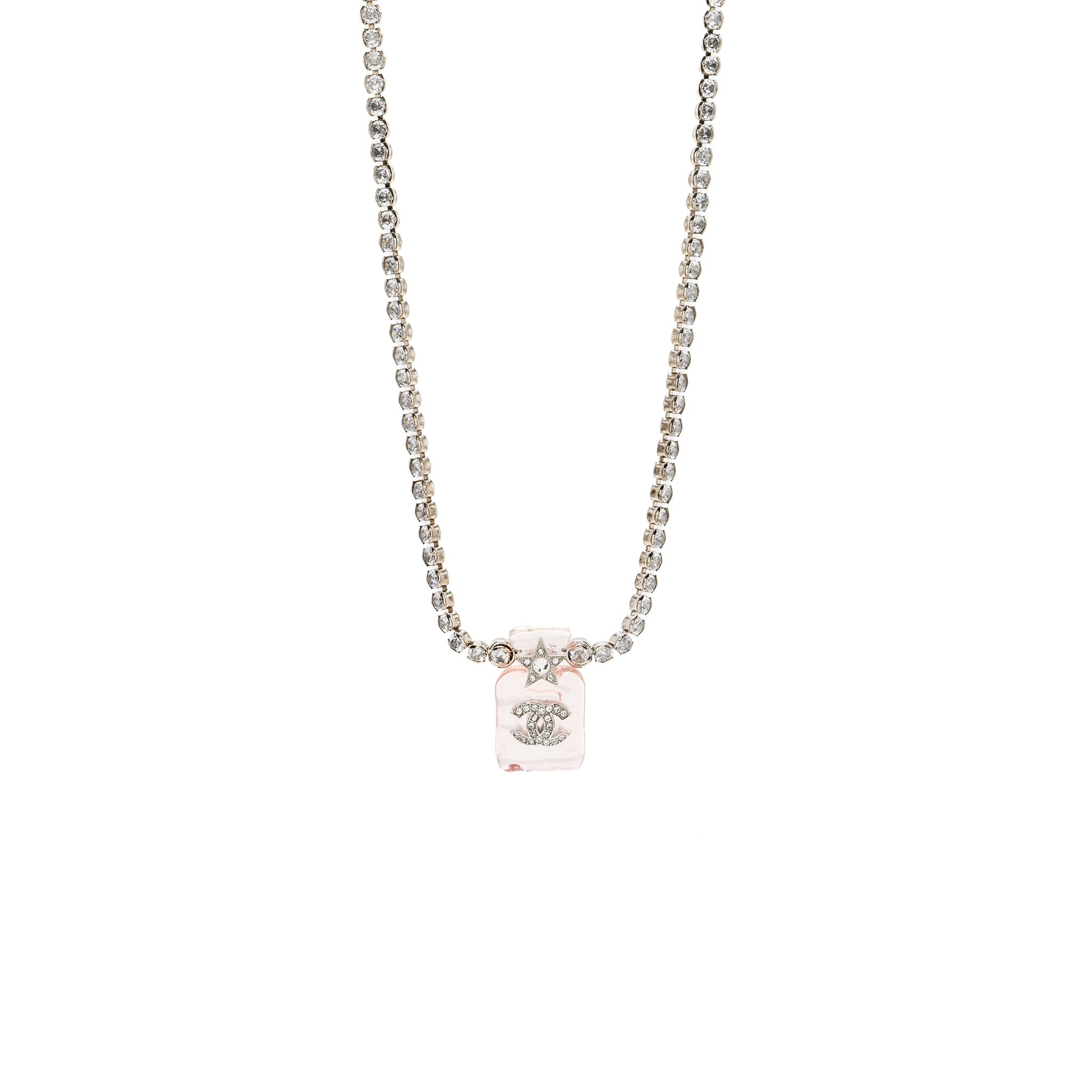 CHANEL PERFUME BOTTLE NECKLACE CRYSTAL SILVER TONE