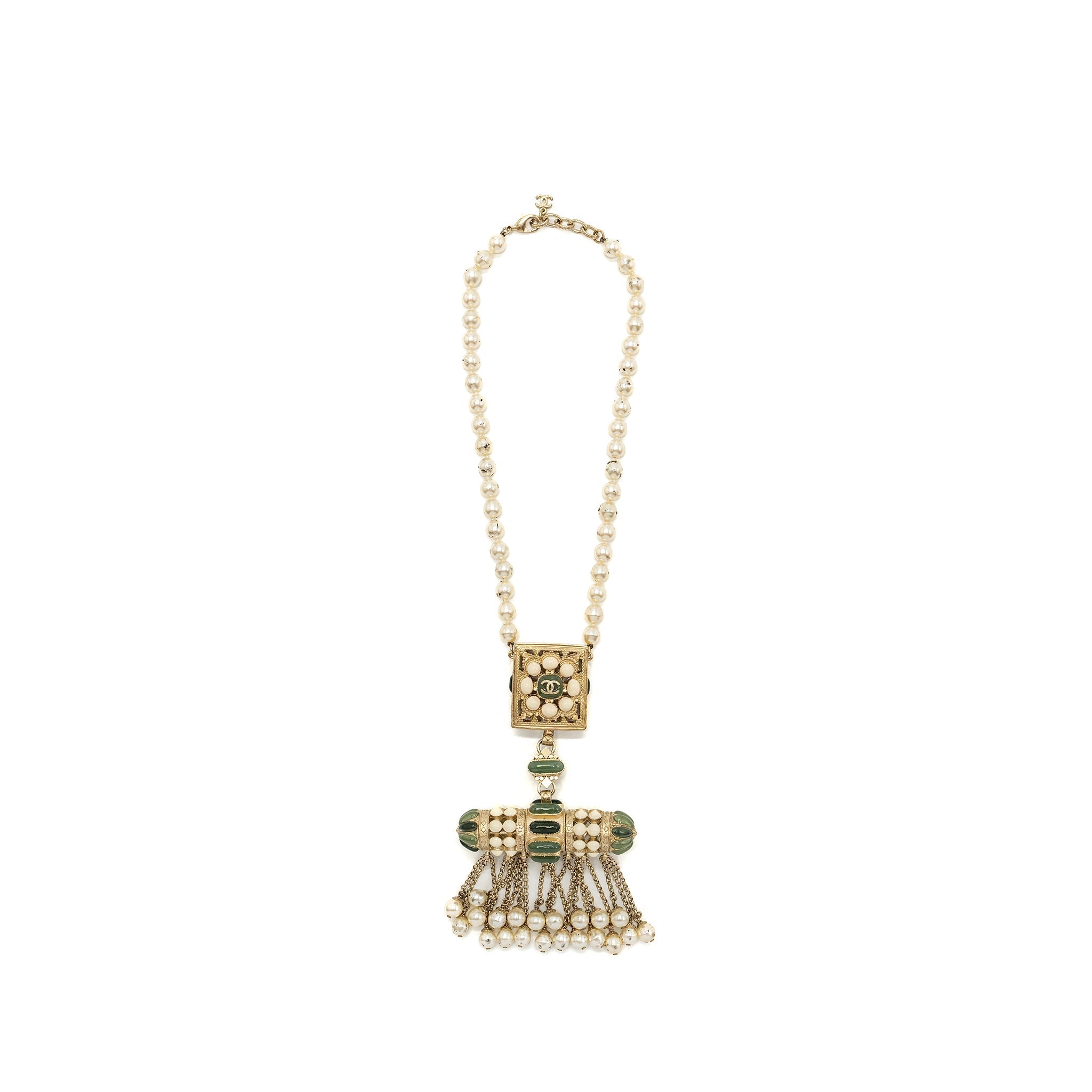 CHANEL CC LOGO/PEARL DROP NECKLACE 2015 LIMITED EDITION MULTICOLOUR LIGHT GOLD TONE