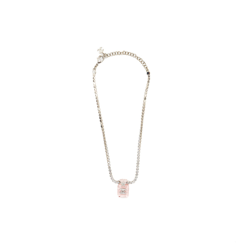 CHANEL PERFUME BOTTLE NECKLACE CRYSTAL SILVER TONE