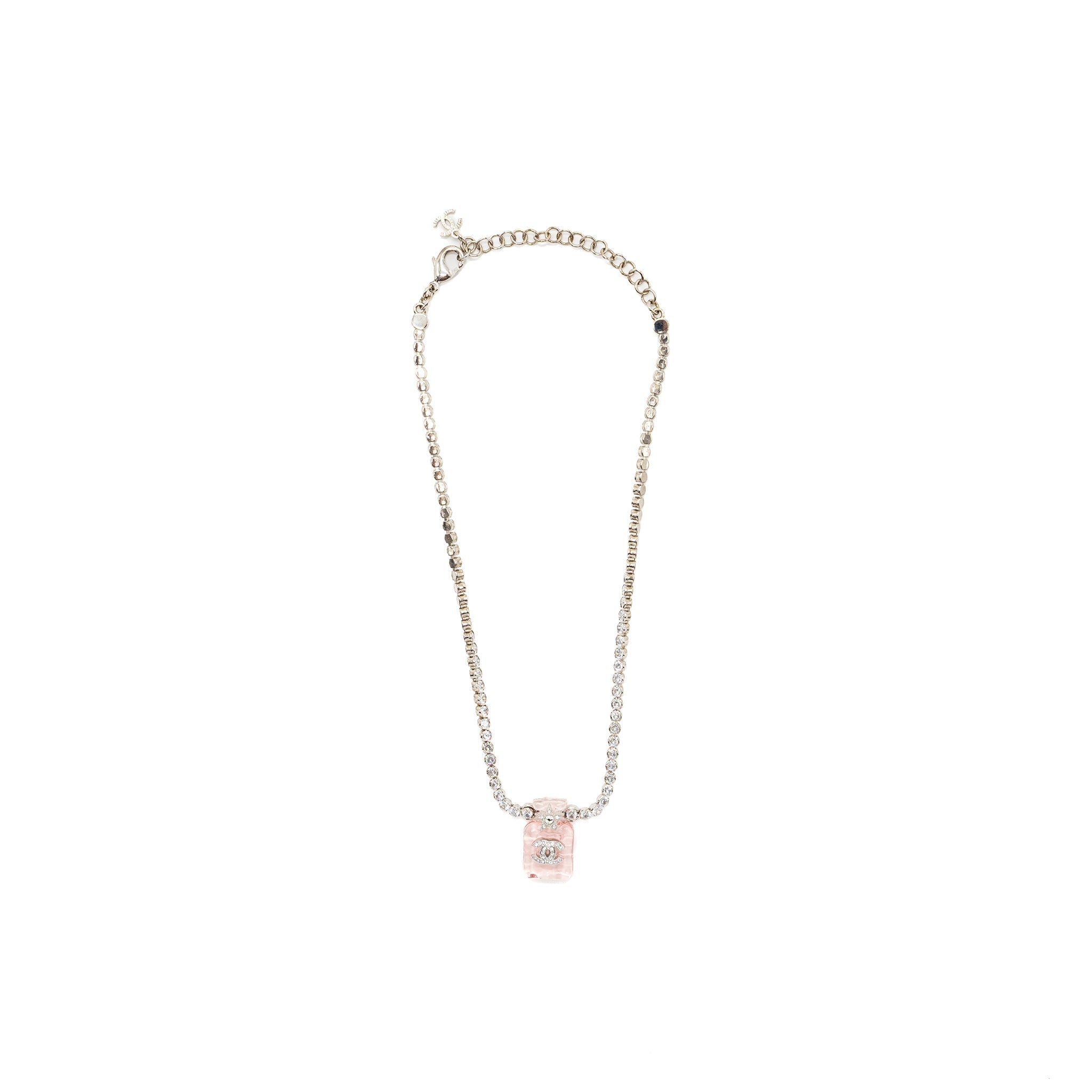 CHANEL PERFUME BOTTLE NECKLACE CRYSTAL SILVER TONE
