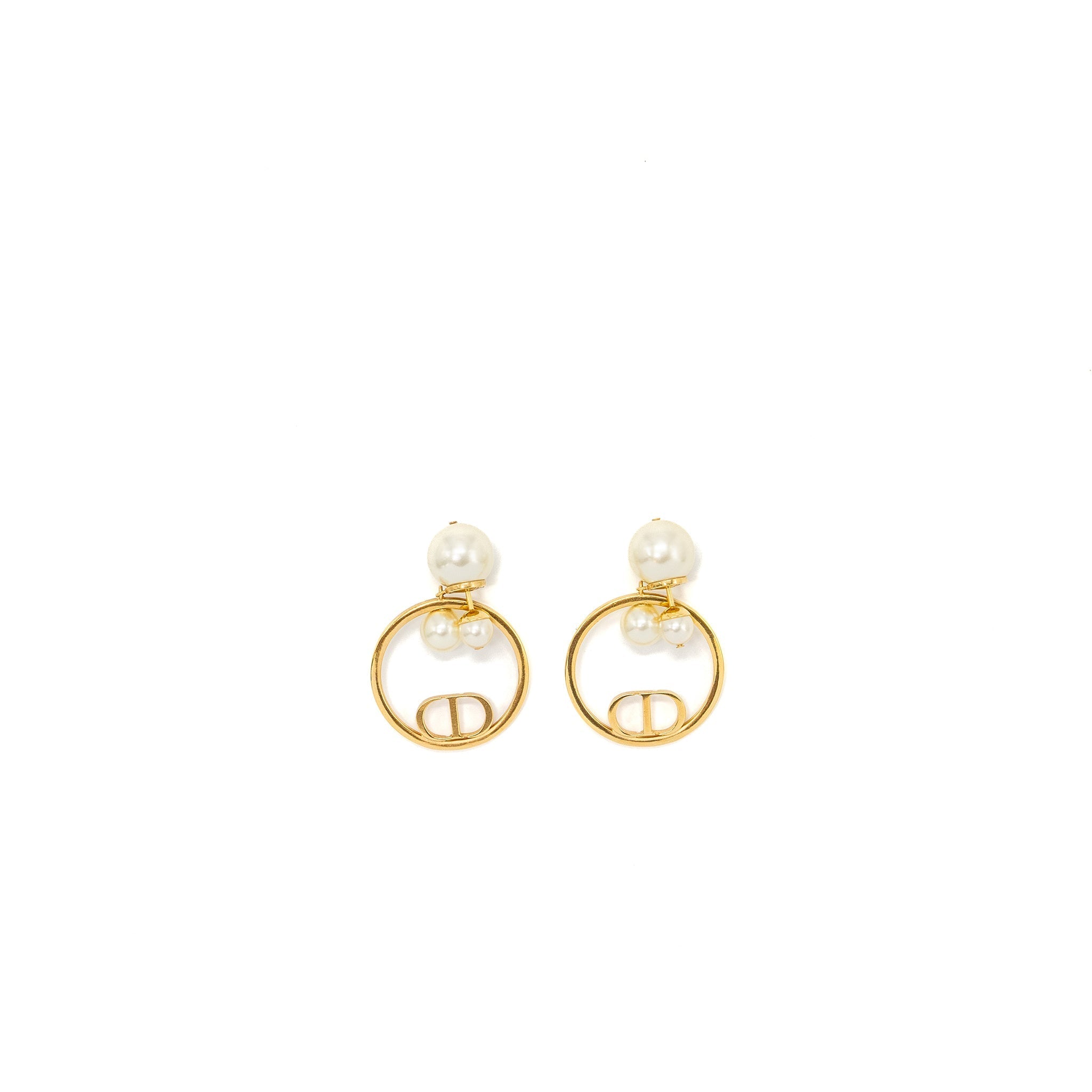 DIOR PEARL AND CD ROUND DROP EARRINGS GOLD TONE