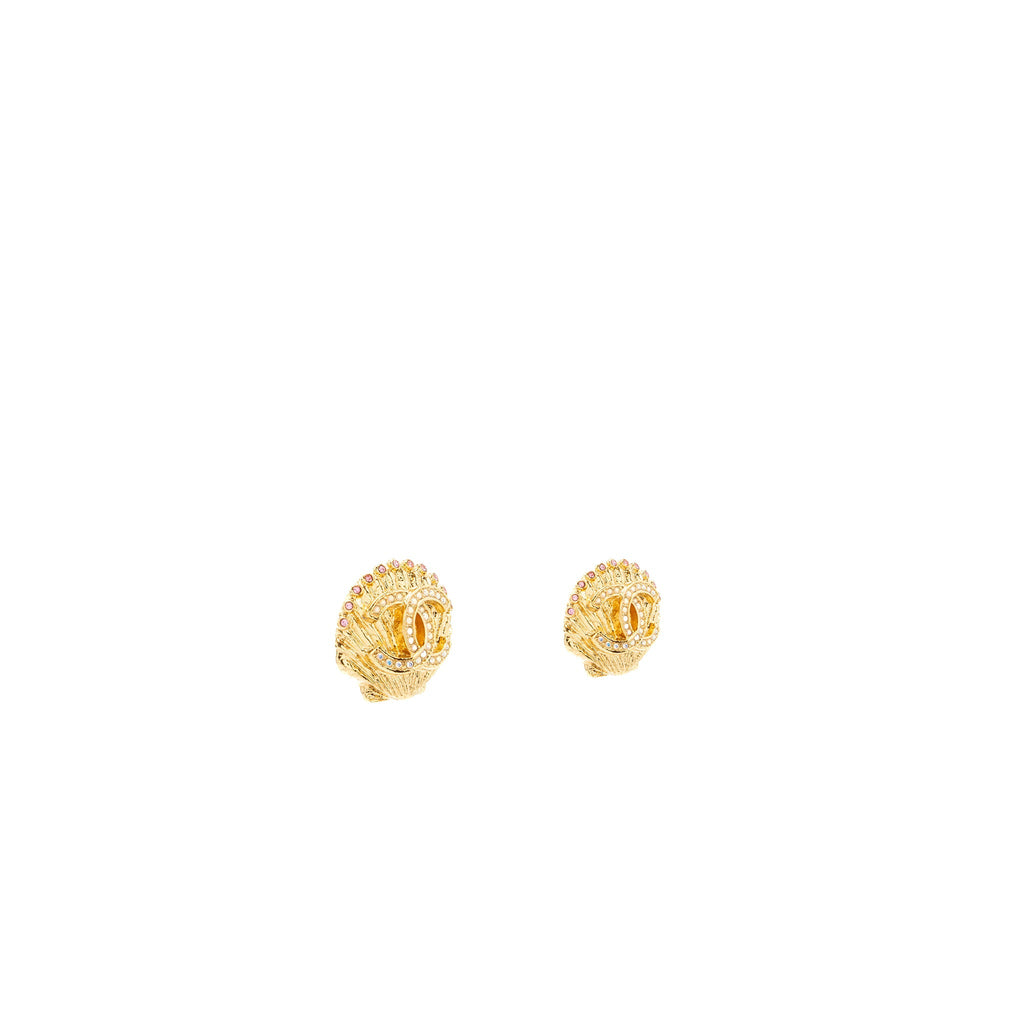 CHANEL CC LOGO SHELL EARRINGS MULTICOLOUR CRYSTAL GOLD TONE
