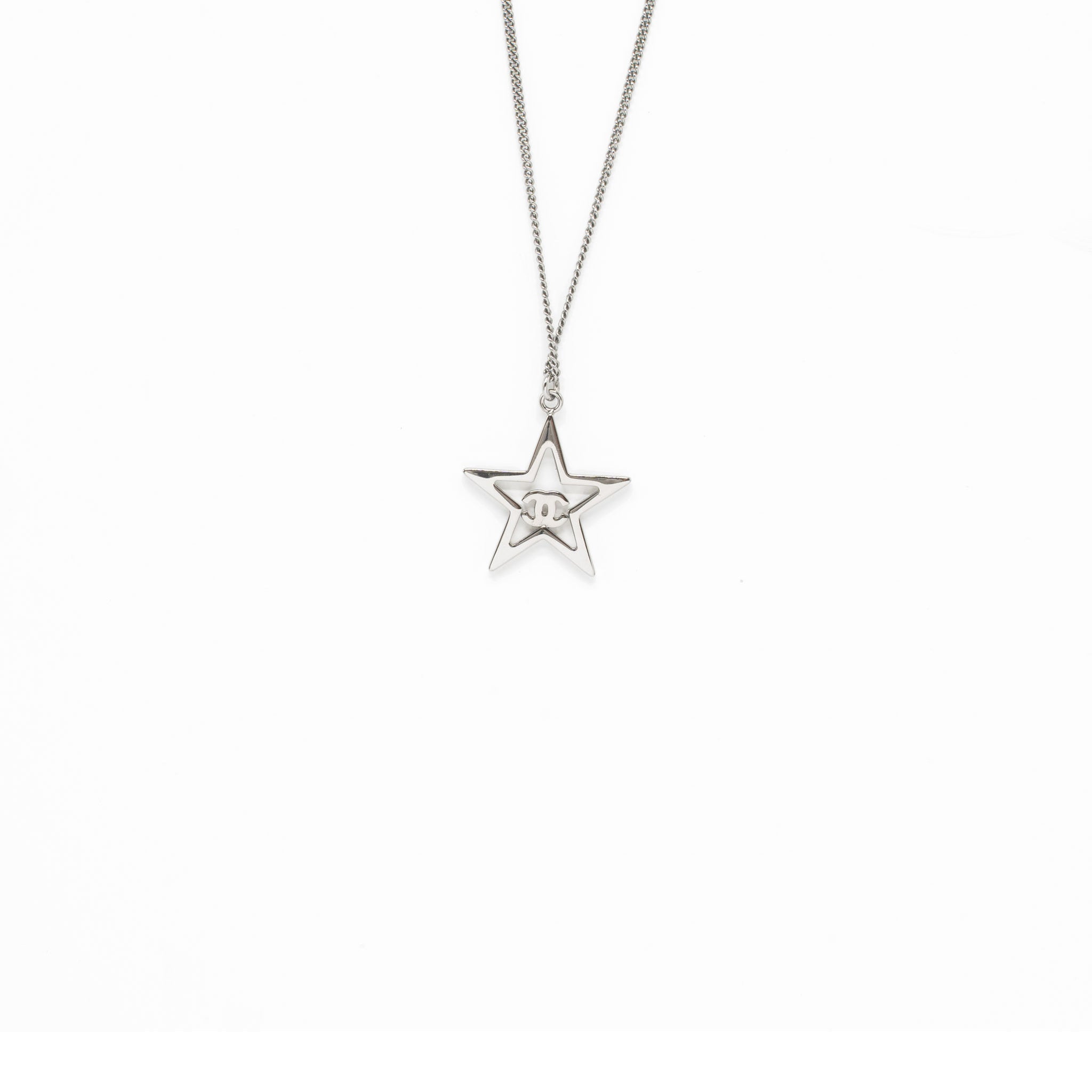 CHANEL STAR WITH CC LOGO IRIDESCENT NECKLACE CRYSTAL SILVER TONE