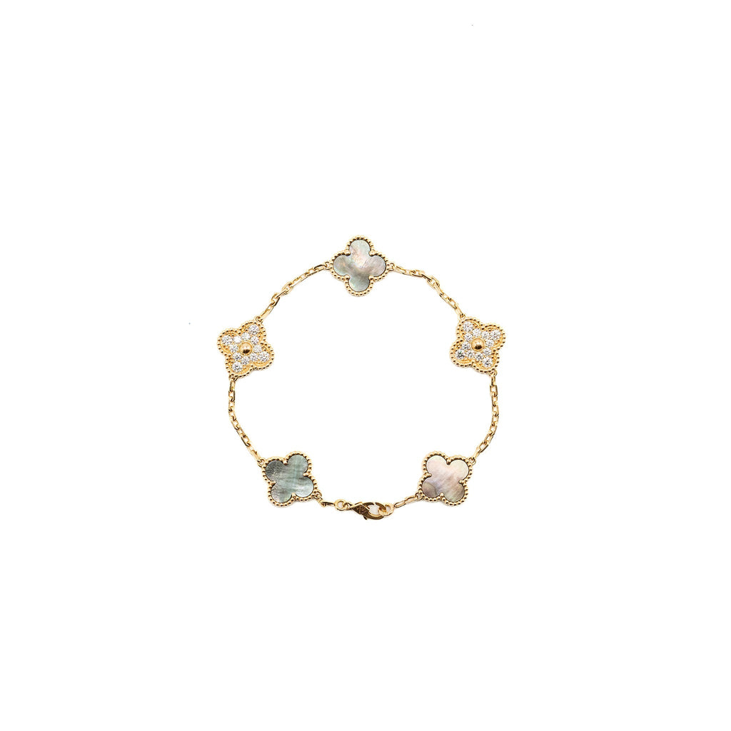 VAN CLEEF & ARPELS VINTAGE ALHAMBRA BRACELET, 5 MOTIFS GREY MOTHER OF PEARL / ROSE GOLD/ DIAMONDS