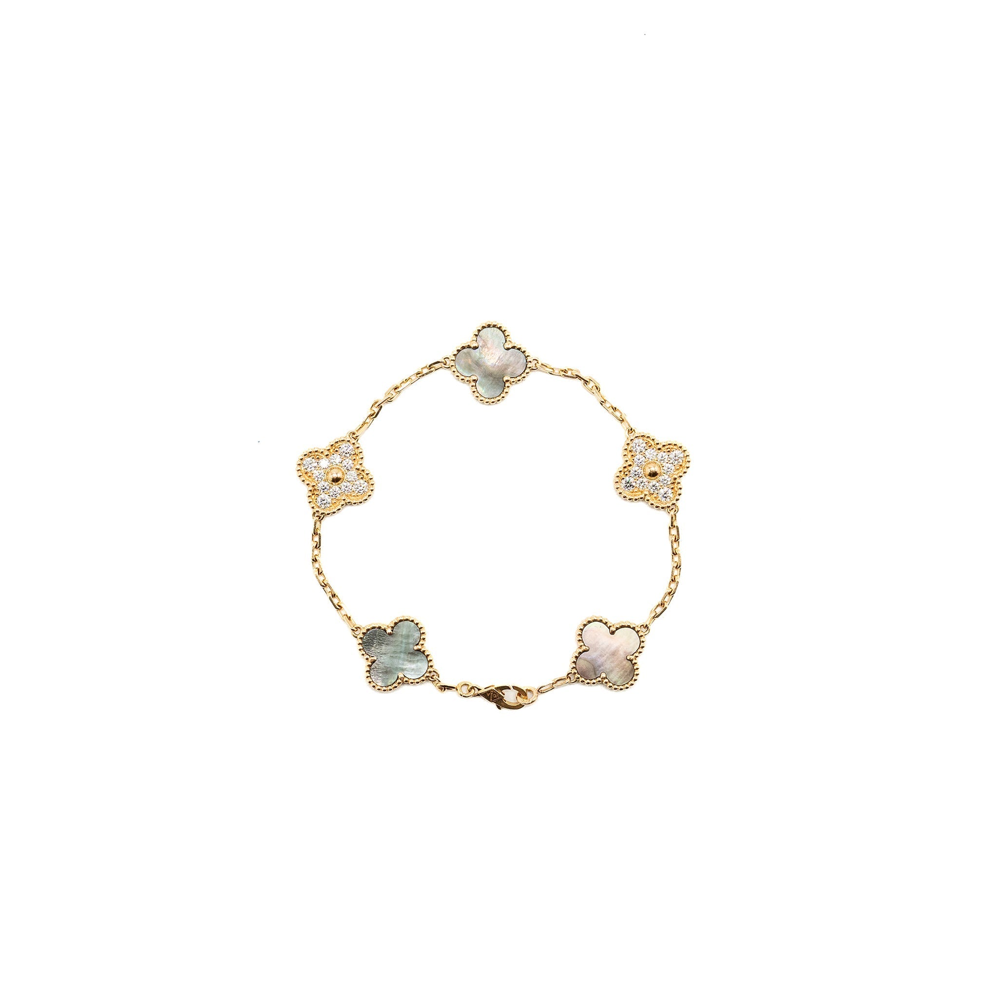 VAN CLEEF & ARPELS VINTAGE ALHAMBRA BRACELET, 5 MOTIFS GREY MOTHER OF PEARL / ROSE GOLD/ DIAMONDS