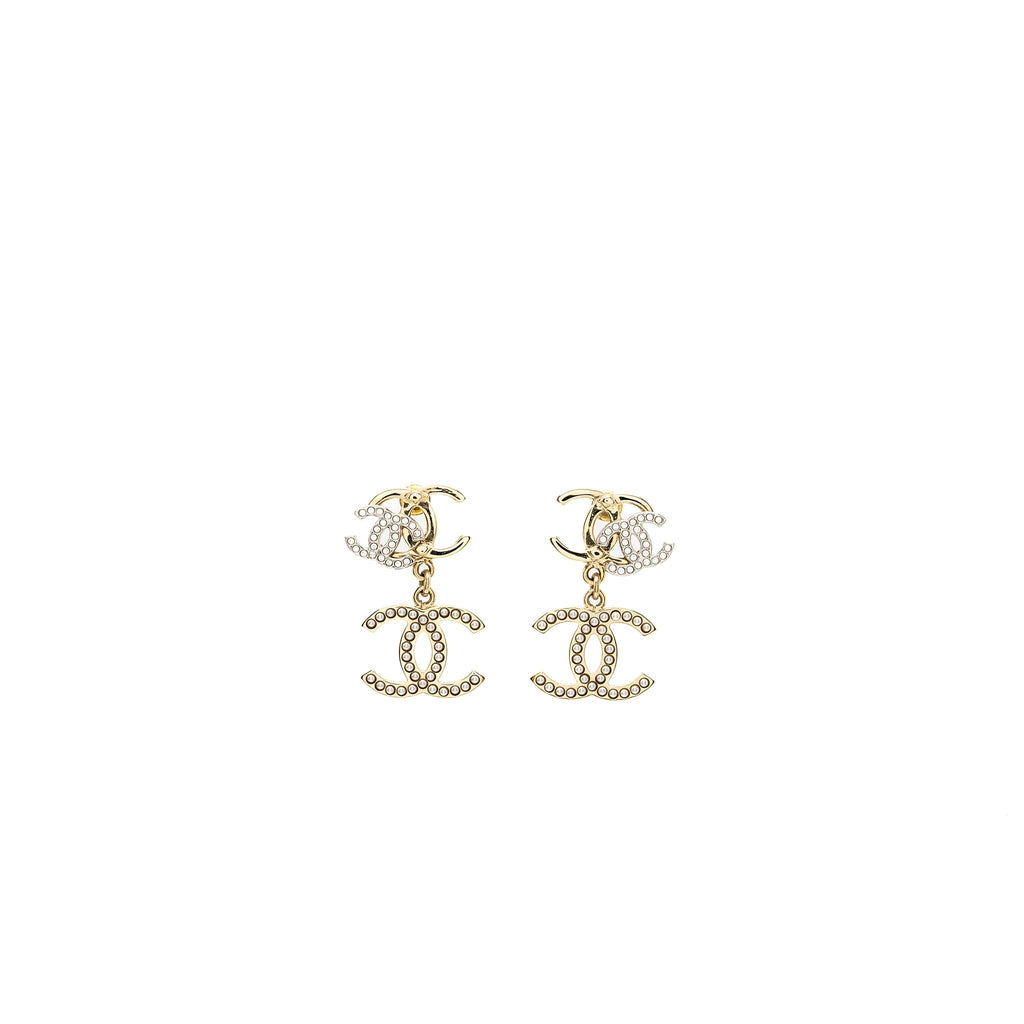 CHANEL TRIPLE CC LOGO DROP EARRINGS LIGHT GOLD TONE
