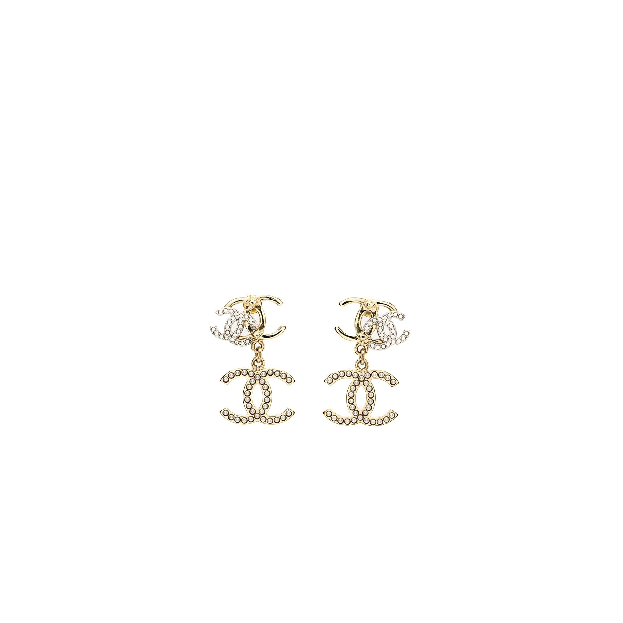 CHANEL TRIPLE CC LOGO DROP EARRINGS LIGHT GOLD TONE