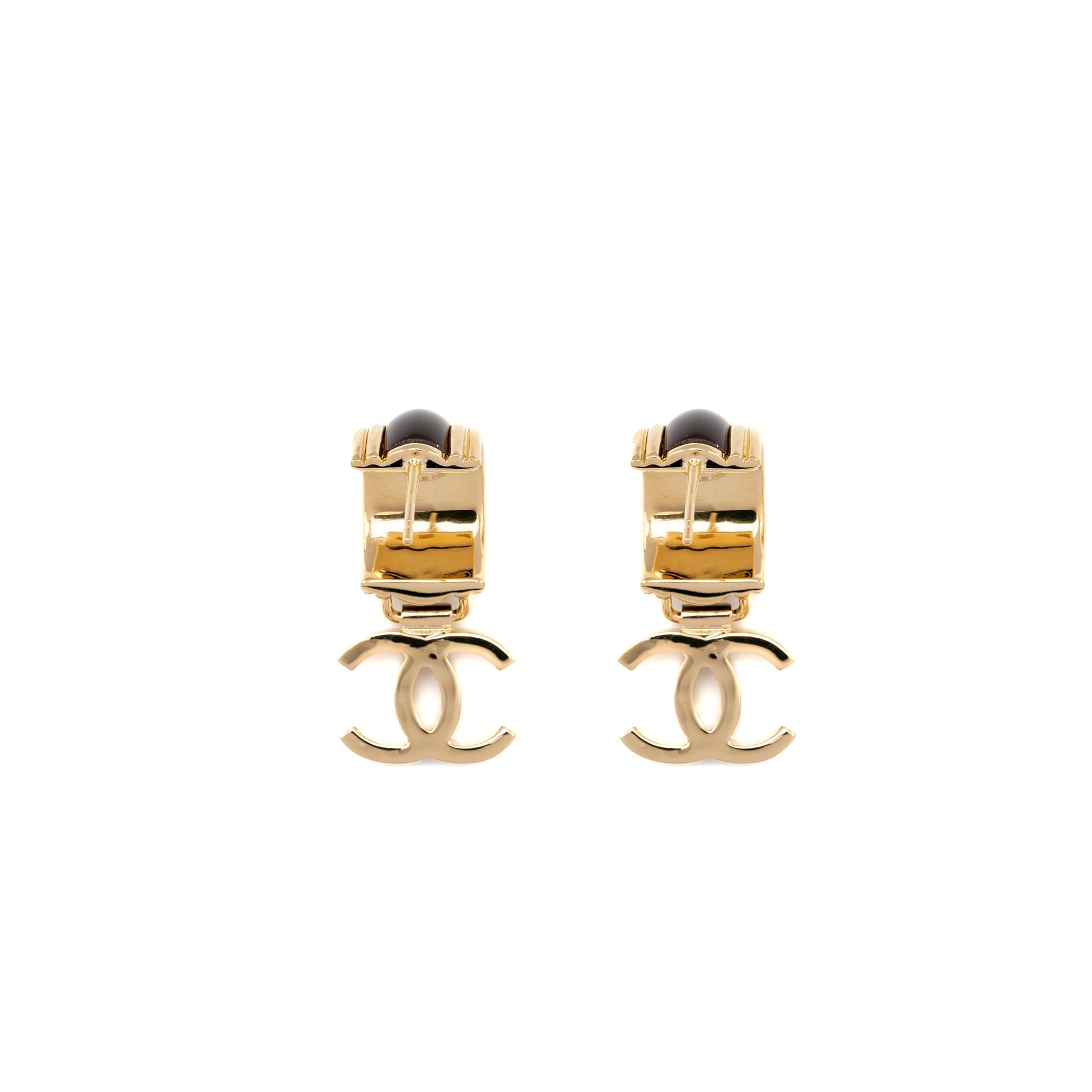 CHANEL CC DROP EARRINGS BROWN LIGHT GOLD TONE