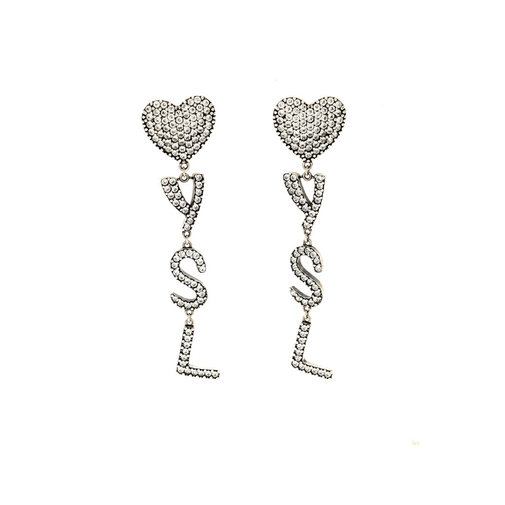SAINT LAURENT HEART AND LETTER EAR CLIPS SILVER TONE