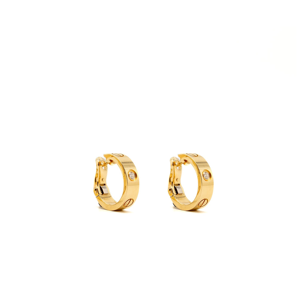 CARTIER LOVE HOOP EARRINGS CLASSIC MODEL YELLOW GOLD, 2 DIAMONDS