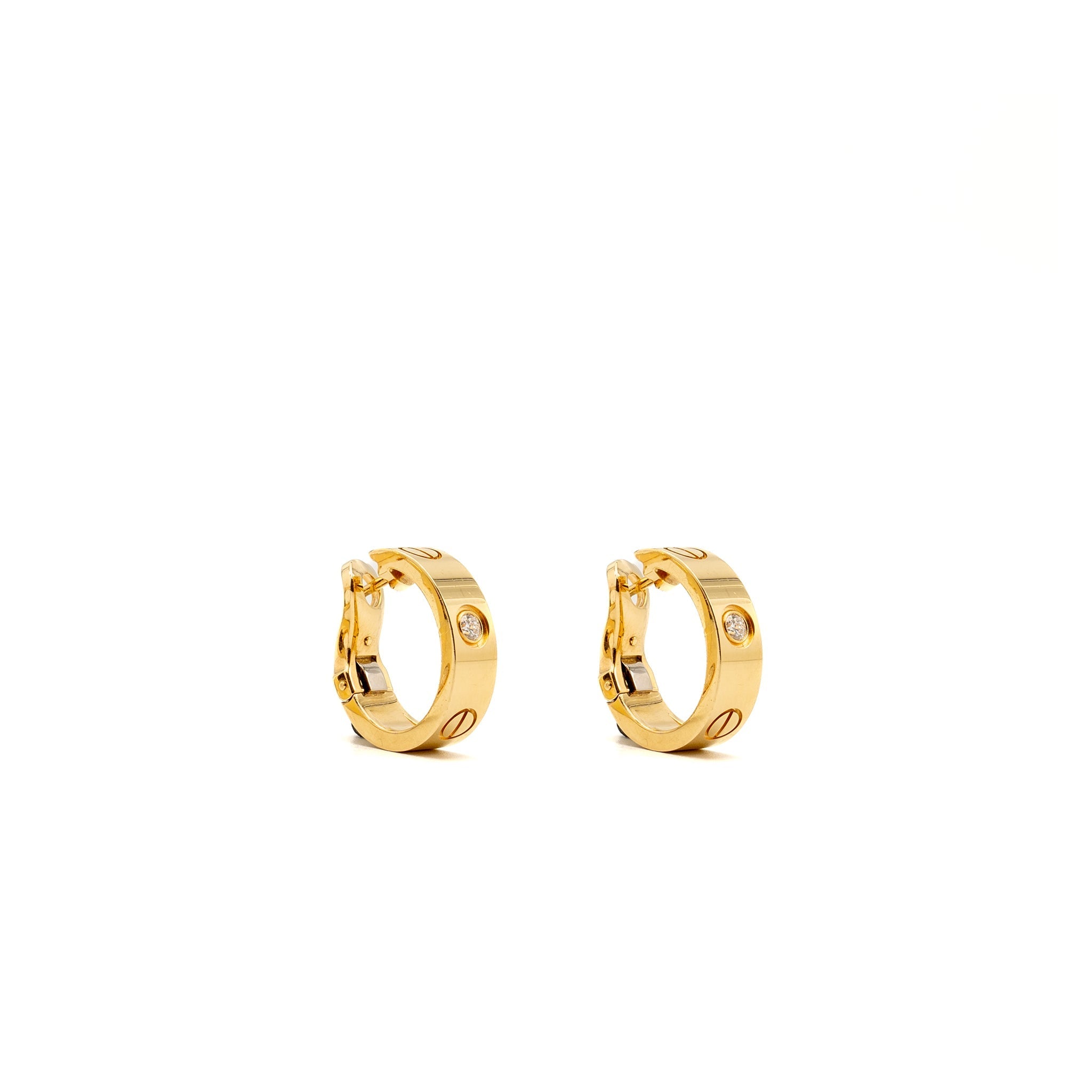 CARTIER LOVE HOOP EARRINGS CLASSIC MODEL YELLOW GOLD, 2 DIAMONDS