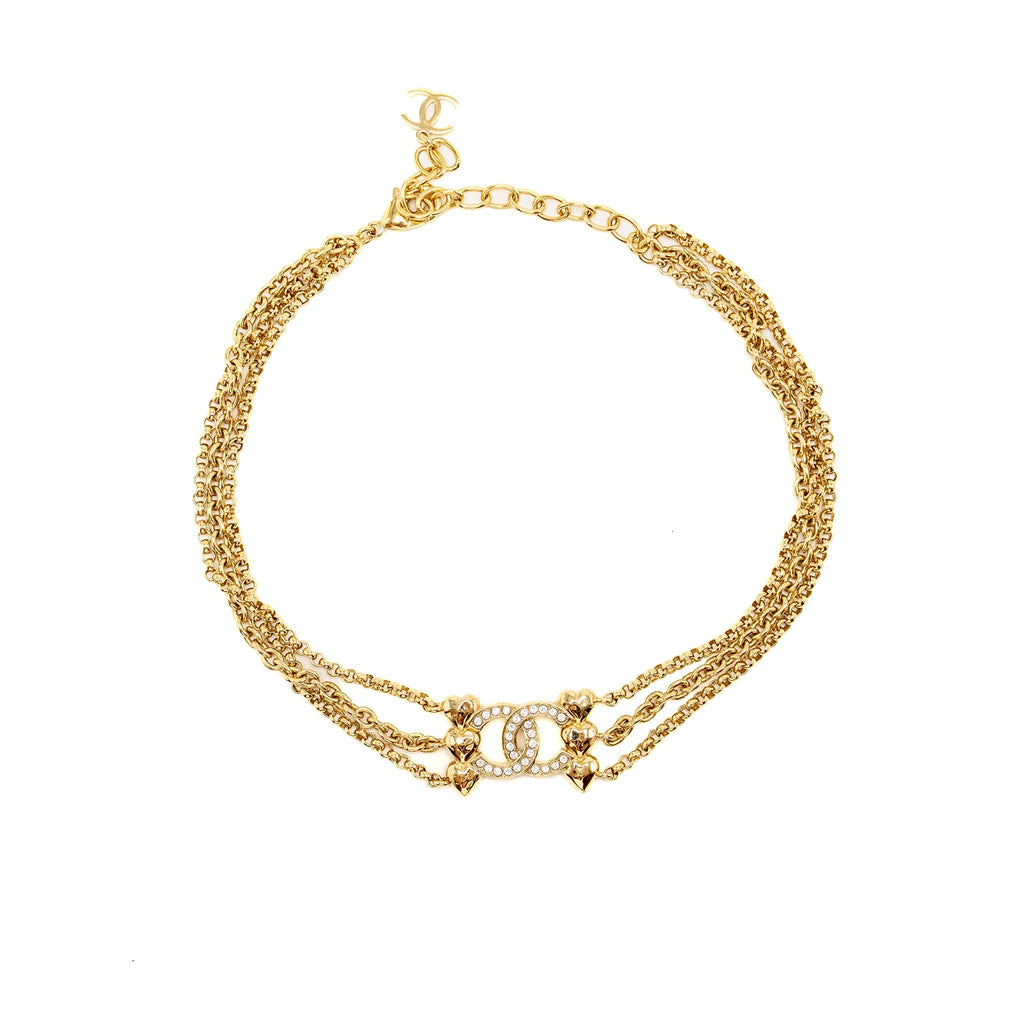 CHANEL CC AND HEARTS CHAIN CHOCKER CRYSTAL LIGHT GOLD TONE