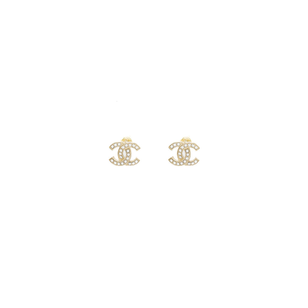 CHANEL CLASSIC CC LOGO EARRINGS CRYSTAL LIGHT GOLD TONE