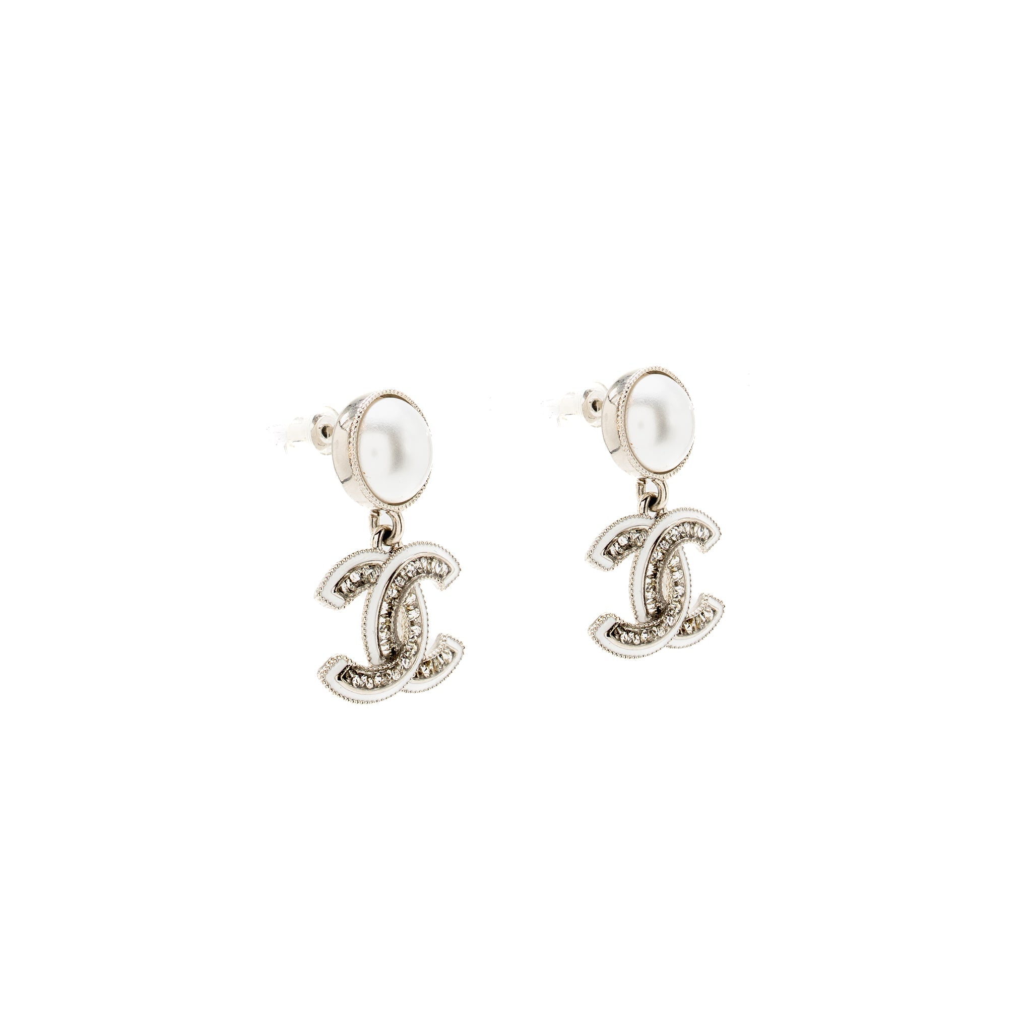 CHANEL CC DROP EARRINGS PEARL/CRYSTAL SILVER TONE